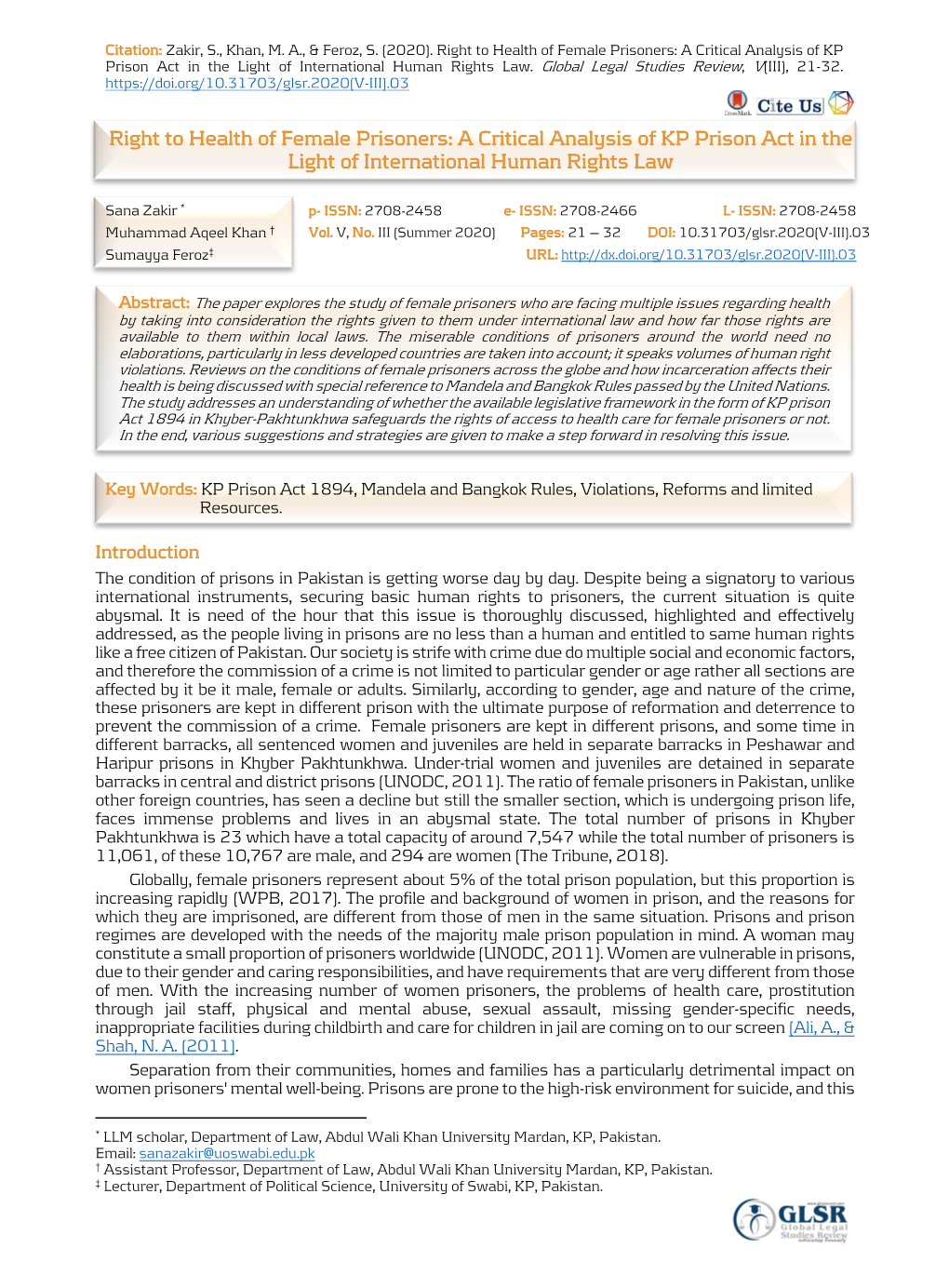 Right to Health of Female Prisoners: a Critical Analysis of KP Prison Act in the Light of International Human Rights Law