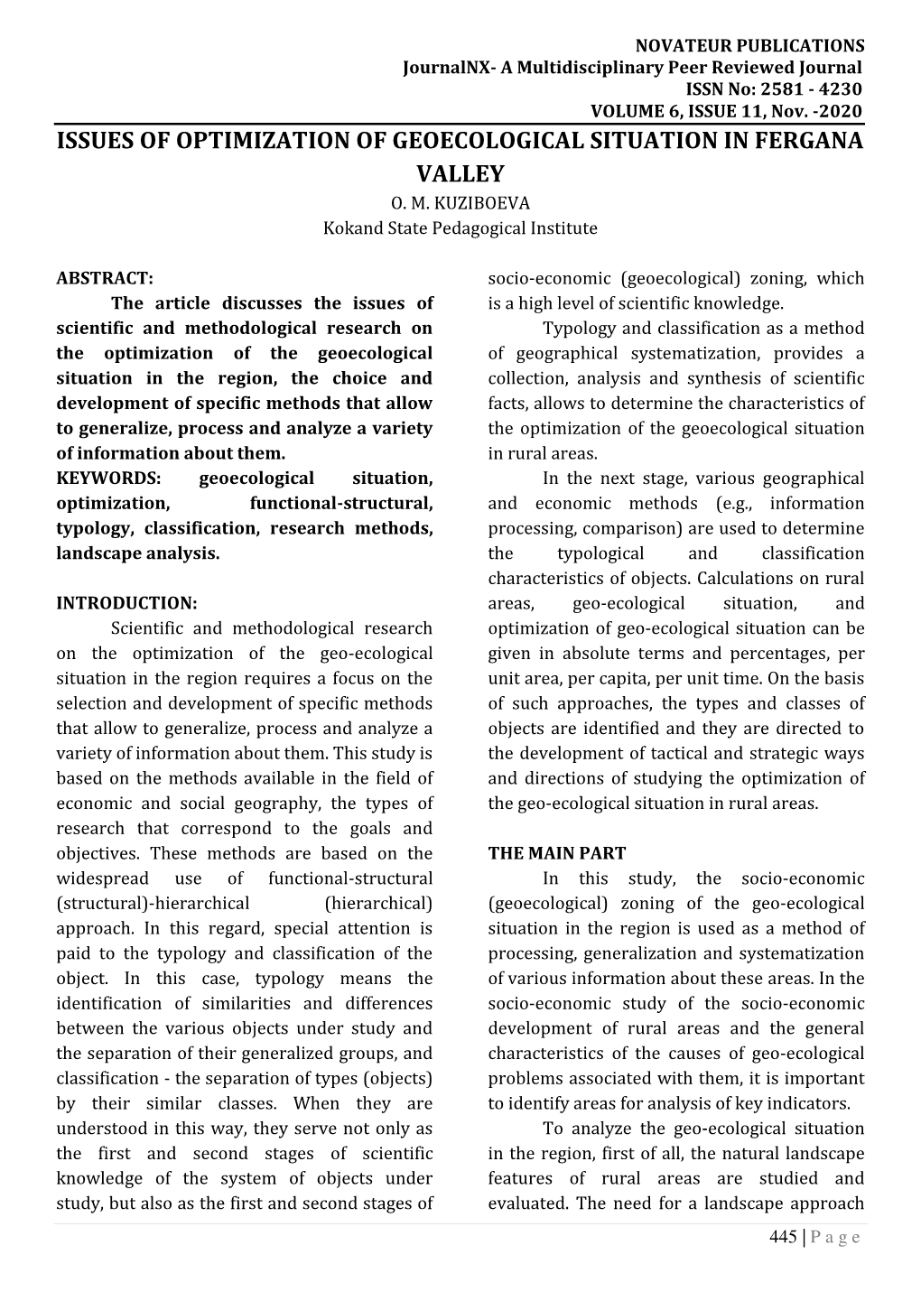 Issues of Optimization of Geoecological Situation in Fergana Valley O