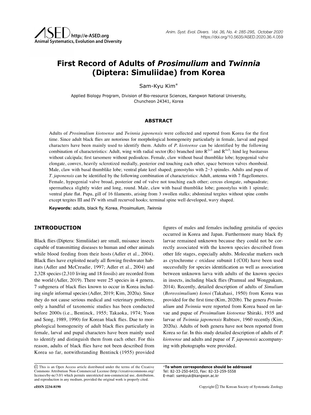 First Record of Adults of Prosimulium and Twinnia (Diptera: Simuliidae) from Korea