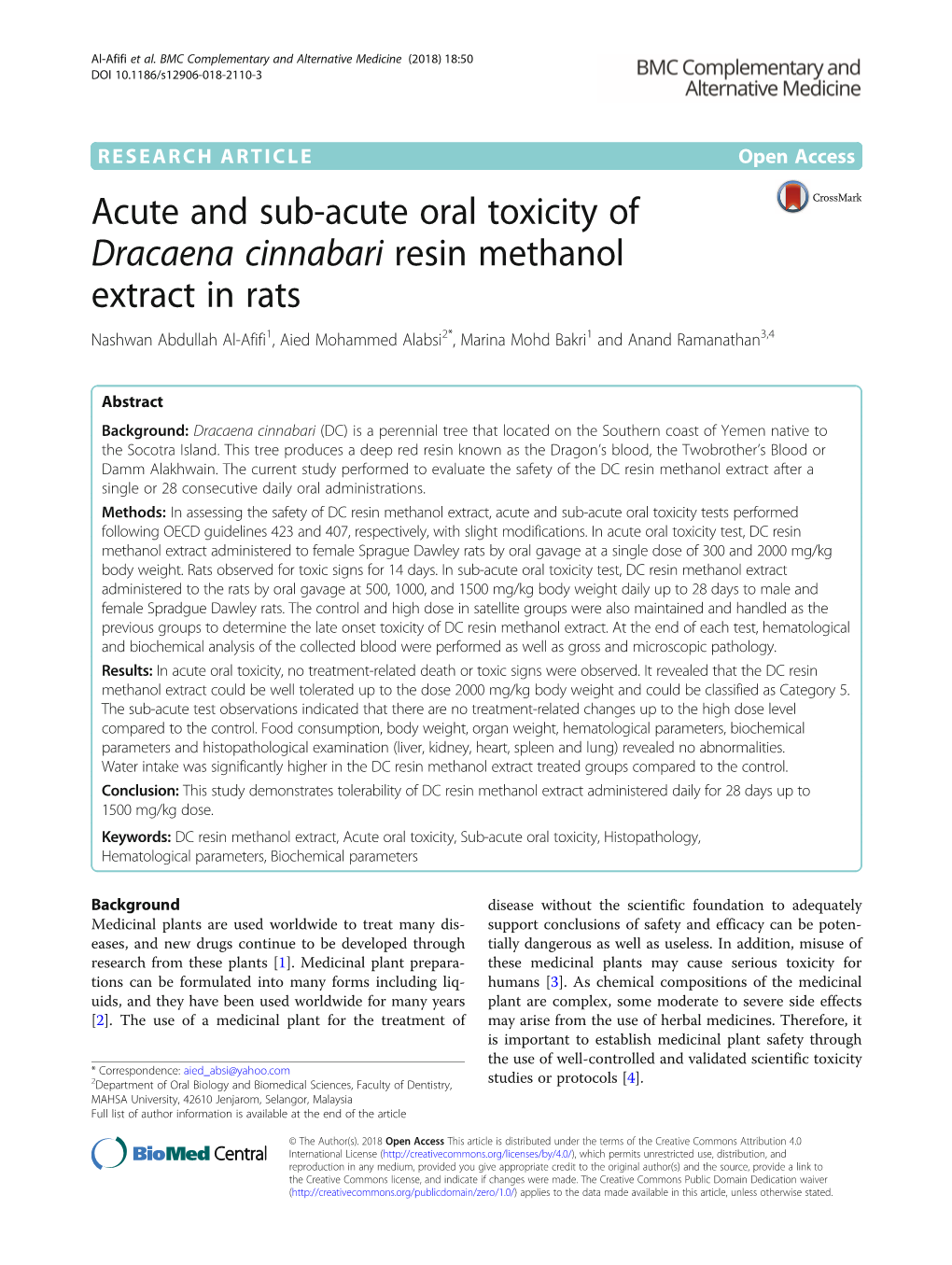 Acute and Sub-Acute Oral Toxicity of Dracaena Cinnabari Resin Methanol