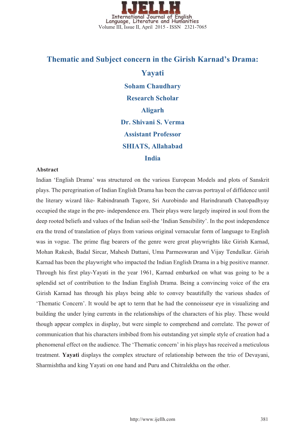Thematic and Subject Concern in the Girish Karnad's Drama: Yayati