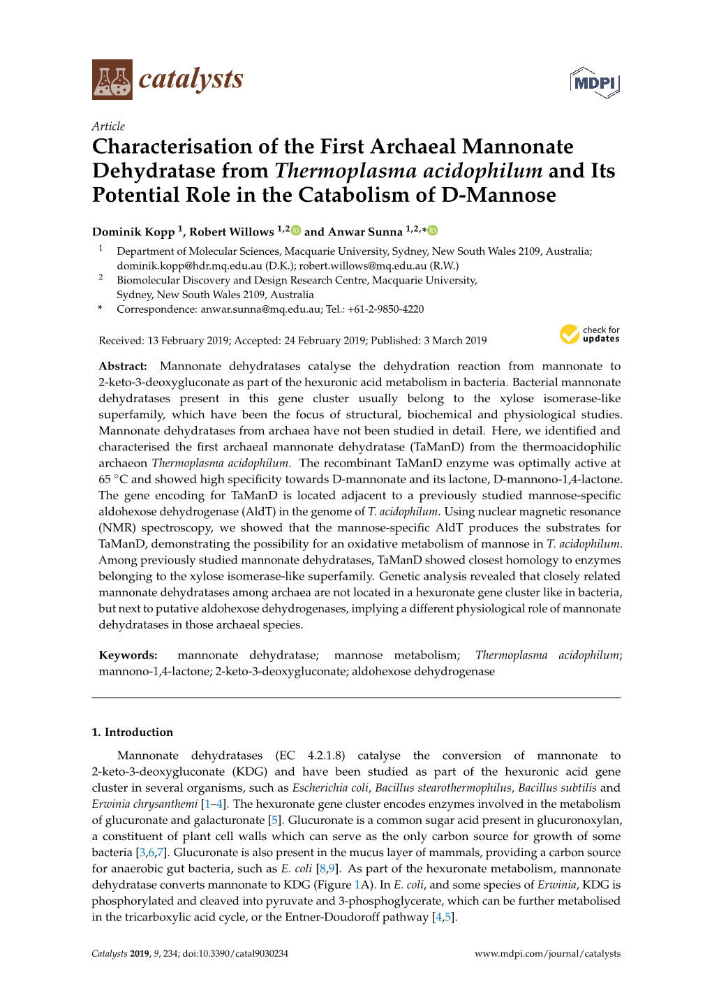 Characterisation of the First Archaeal Mannonate Dehydratase from Thermoplasma Acidophilum and Its Potential Role in the Catabolism of D-Mannose