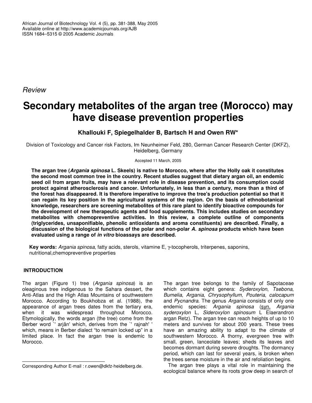 Secondary Metabolites of the Argan Tree (Morocco) May Have Disease Prevention Properties