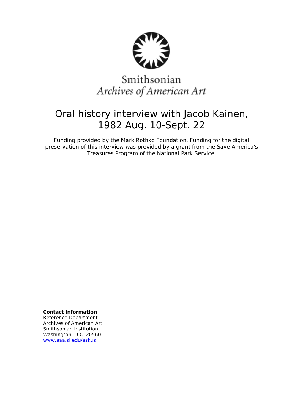 Oral History Interview with Jacob Kainen, 1982 Aug. 10-Sept. 22