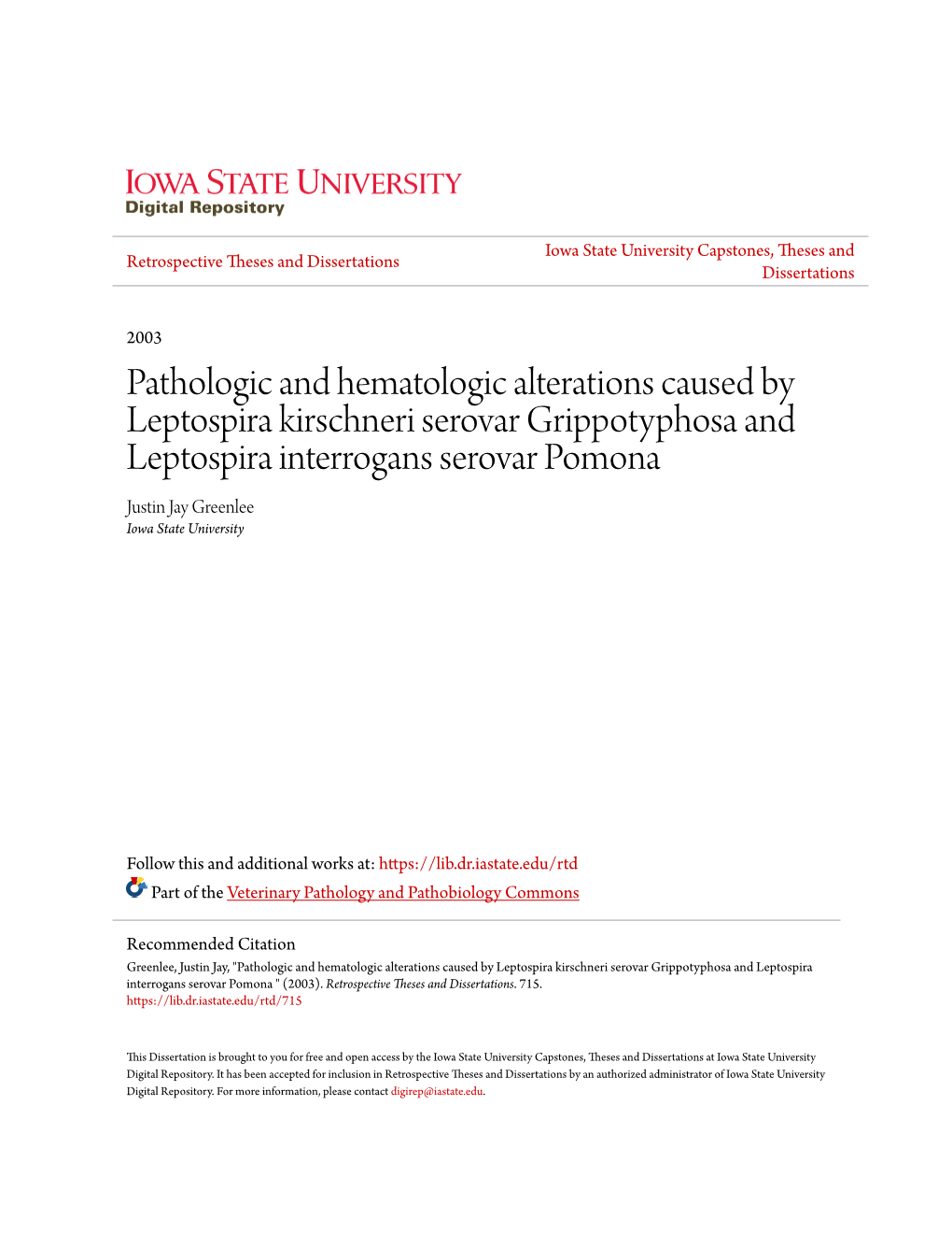 Pathologic and Hematologic Alterations Caused by Leptospira