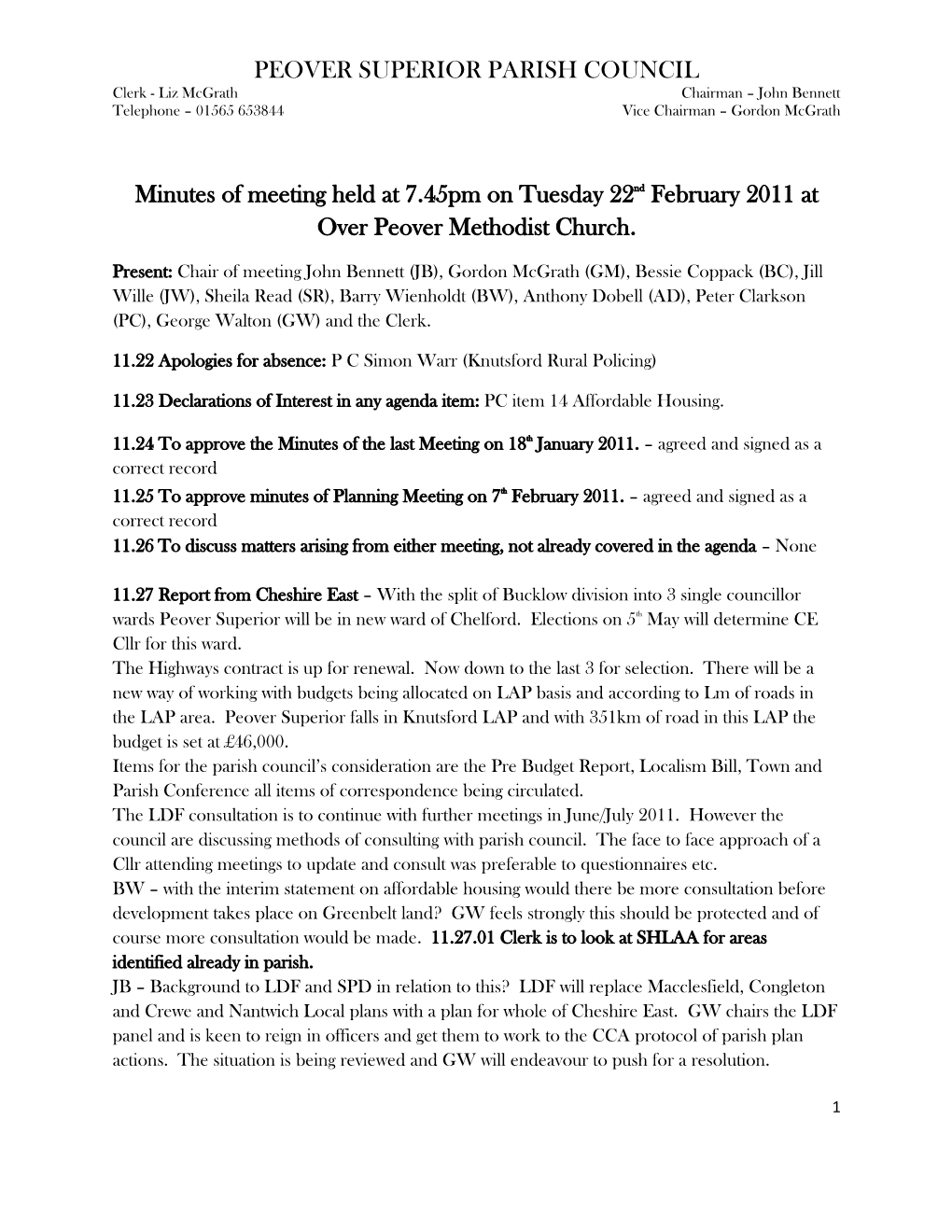 Minutes of Meeting Held at 7.45Pm on Tuesday 22Nd February 2011 at Over Peover Methodist Church
