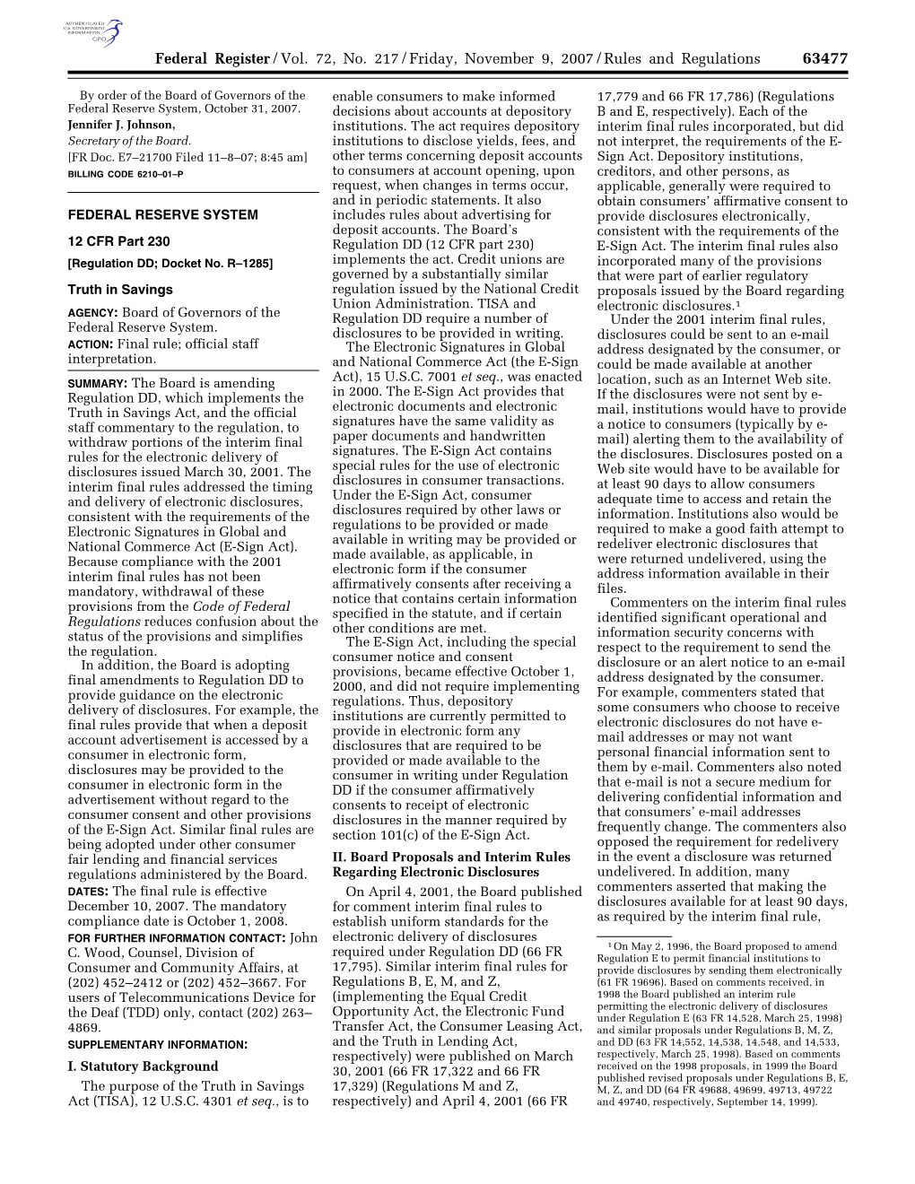 Federal Register/Vol. 72, No. 217/Friday, November 9, 2007/Rules and Regulations