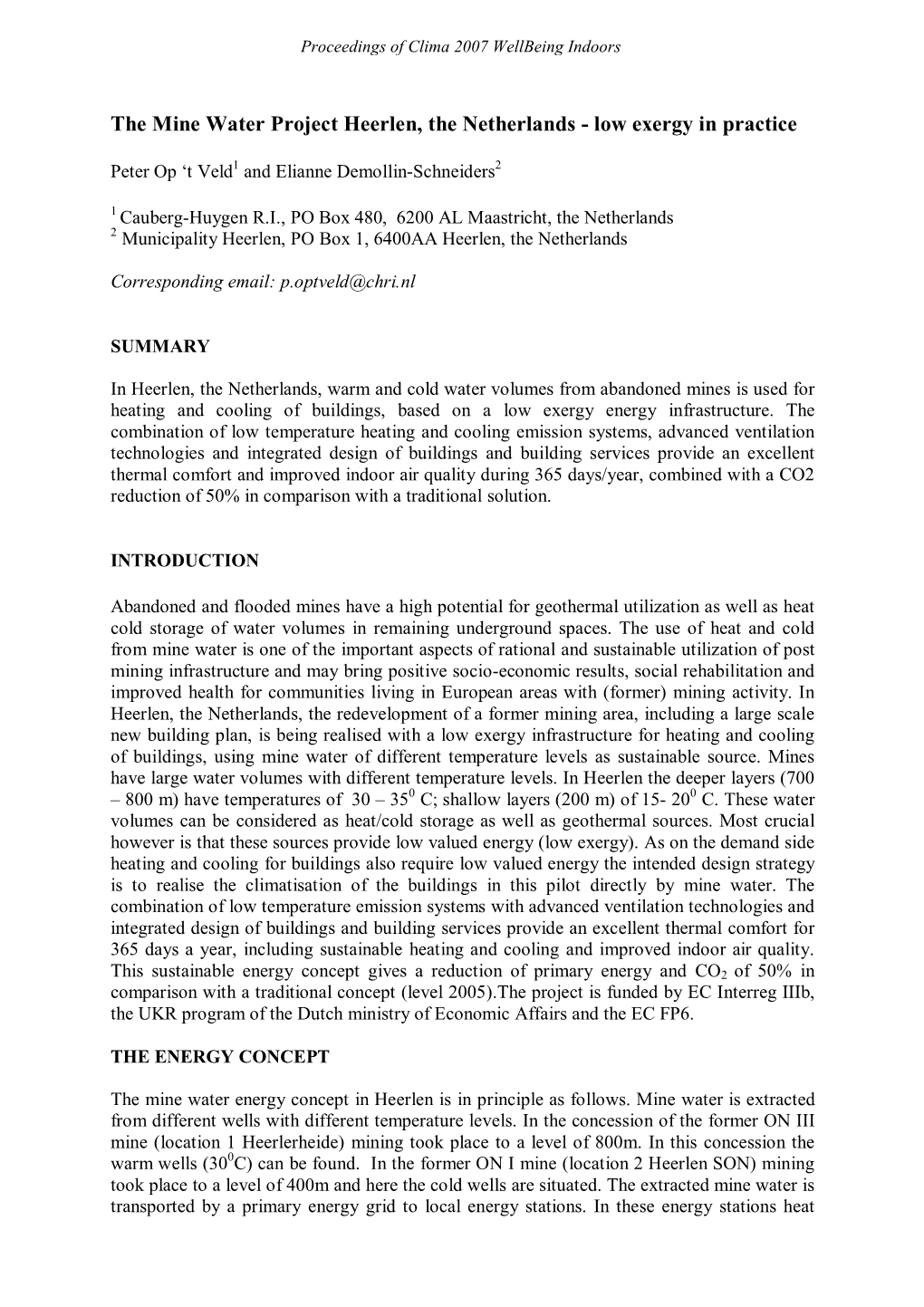 The Mine Water Project Heerlen, the Netherlands - Low Exergy in Practice