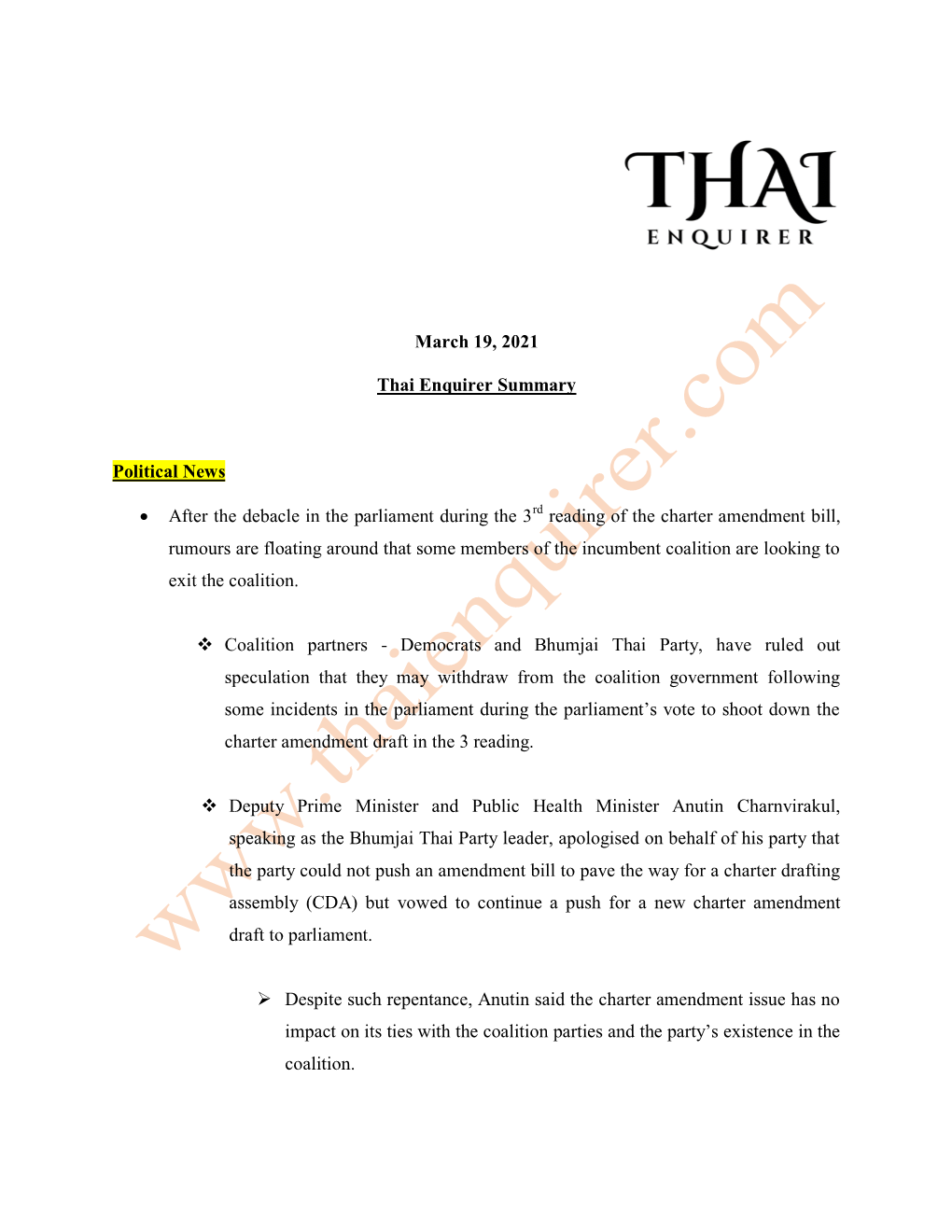 March 19, 2021 Thai Enquirer Summary Political News • After The