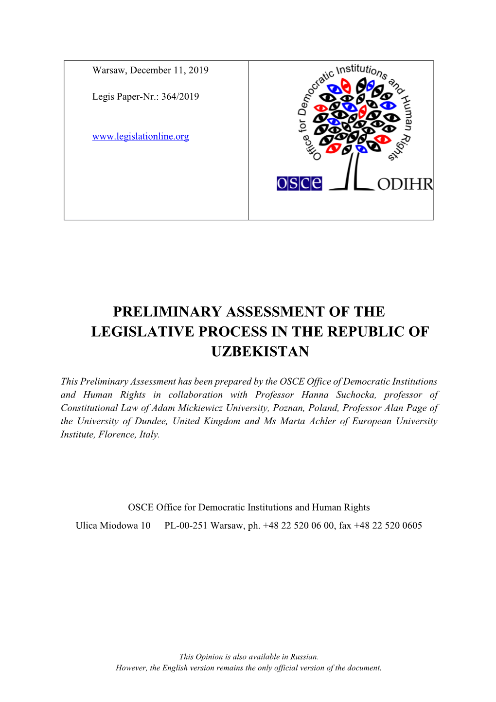 Preliminary Assessment of the Legislative Process in the Republic of Uzbekistan