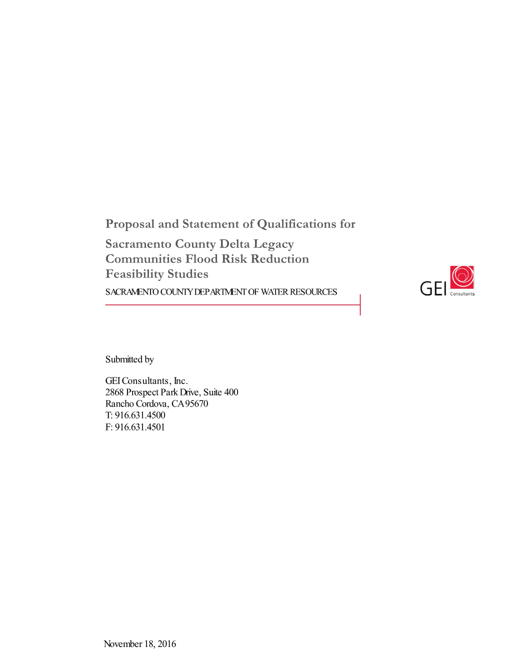 Proposal and Statement of Qualifications for Sacramento County Delta Legacy Communities Flood Risk Reduction Feasibility Studies