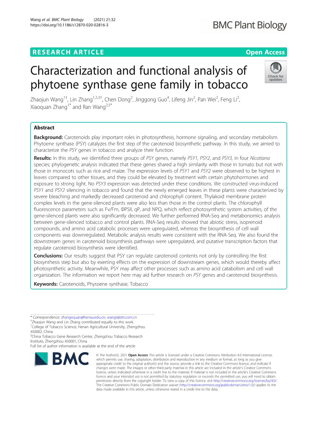 Characterization and Functional Analysis of Phytoene Synthase Gene Family in Tobacco