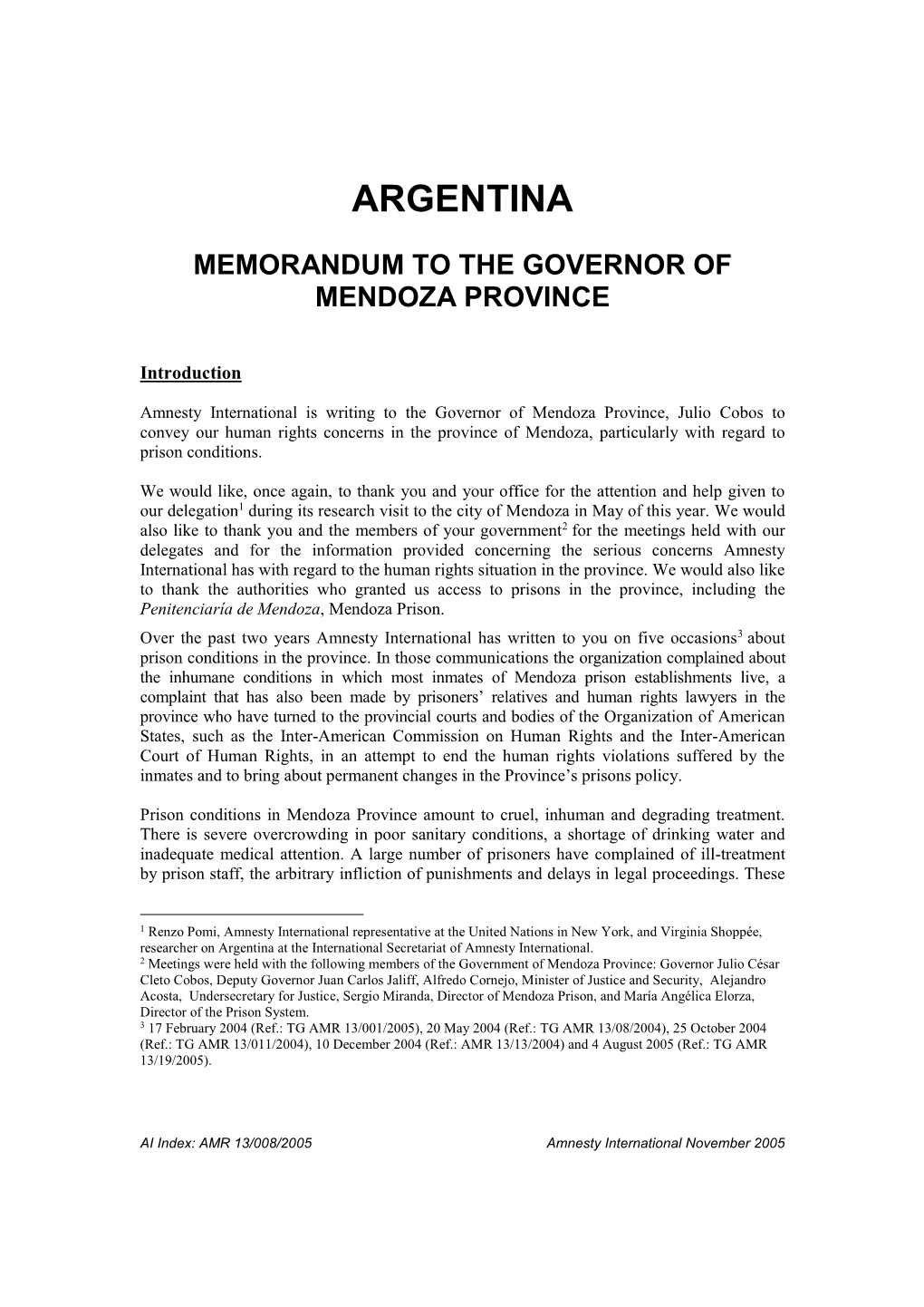 Memorandum to the Governor of Mendoza Province
