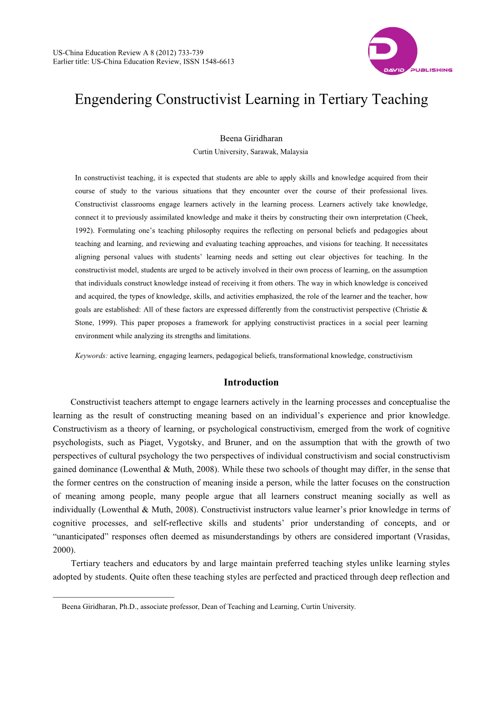 Engendering Constructivist Learning in Tertiary Teaching