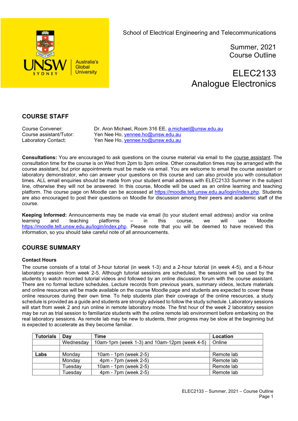 ELEC2133 Analogue Electronics (Summer Term 1)