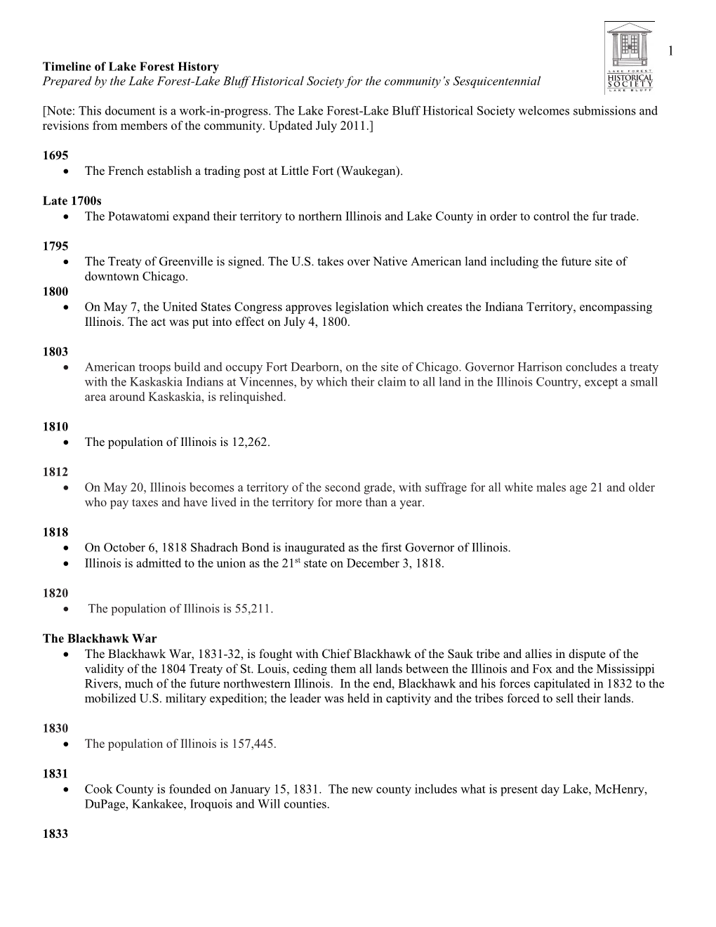 Timeline of Lake Forest History Prepared by the Lake Forest-Lake Bluff Historical Society for the Community’S Sesquicentennial