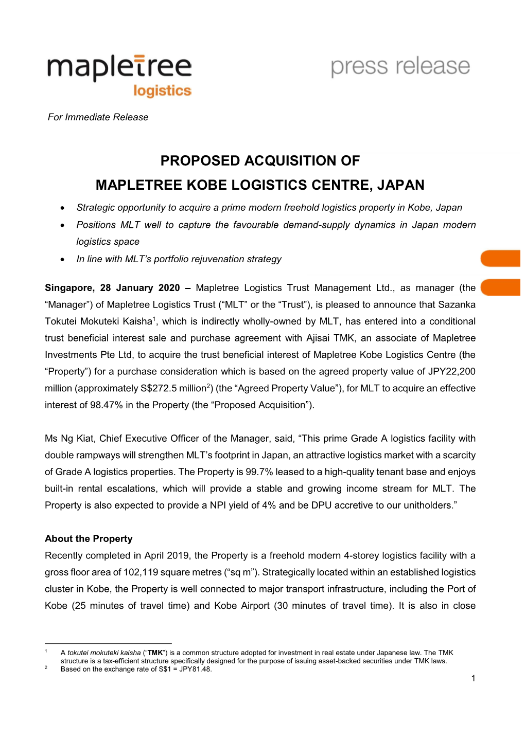 Proposed Acquisition of Mapletree Kobe Logistics Centre, Japan