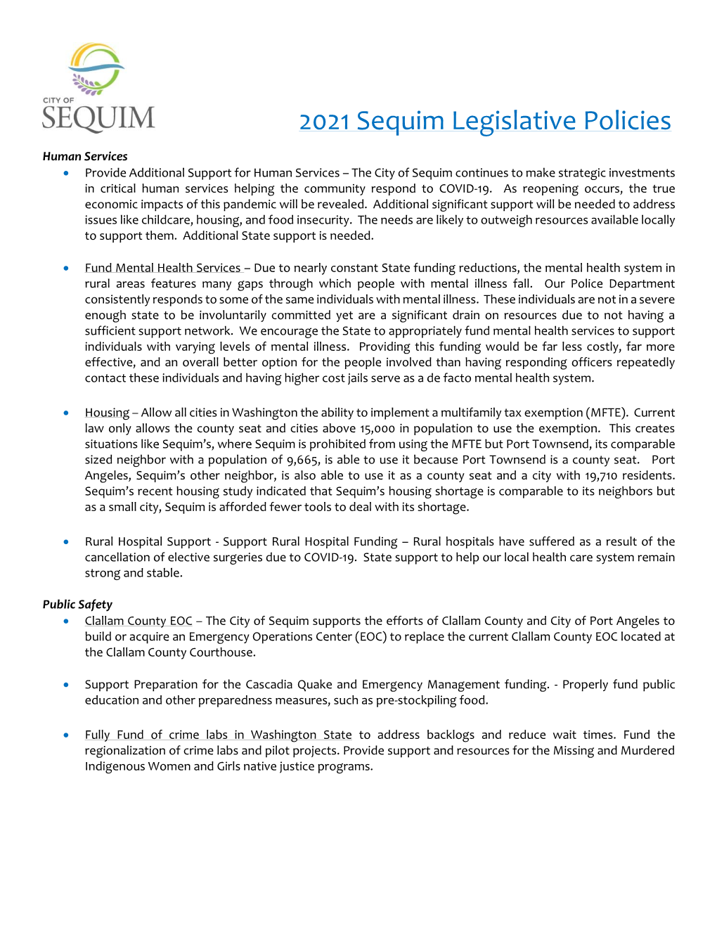 2021 Sequim Legislative Policies