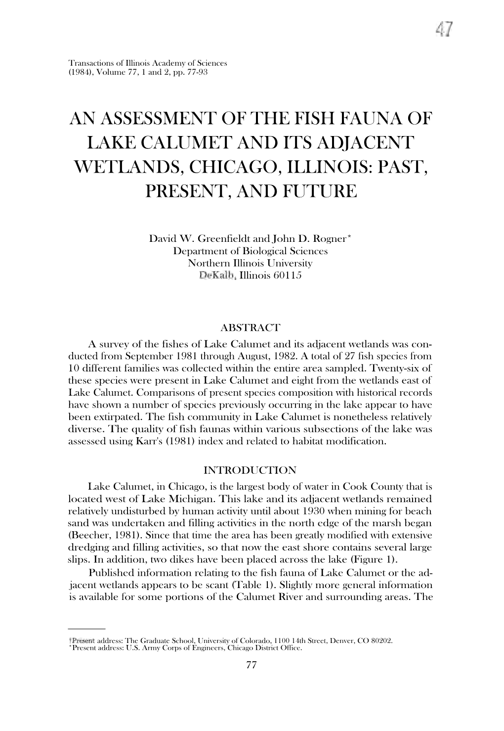 An Assessment of the Fish Fauna of Lake Calumet and Its Adjacent Wetlands, Chicago, Illinois: Past, Present, and Future