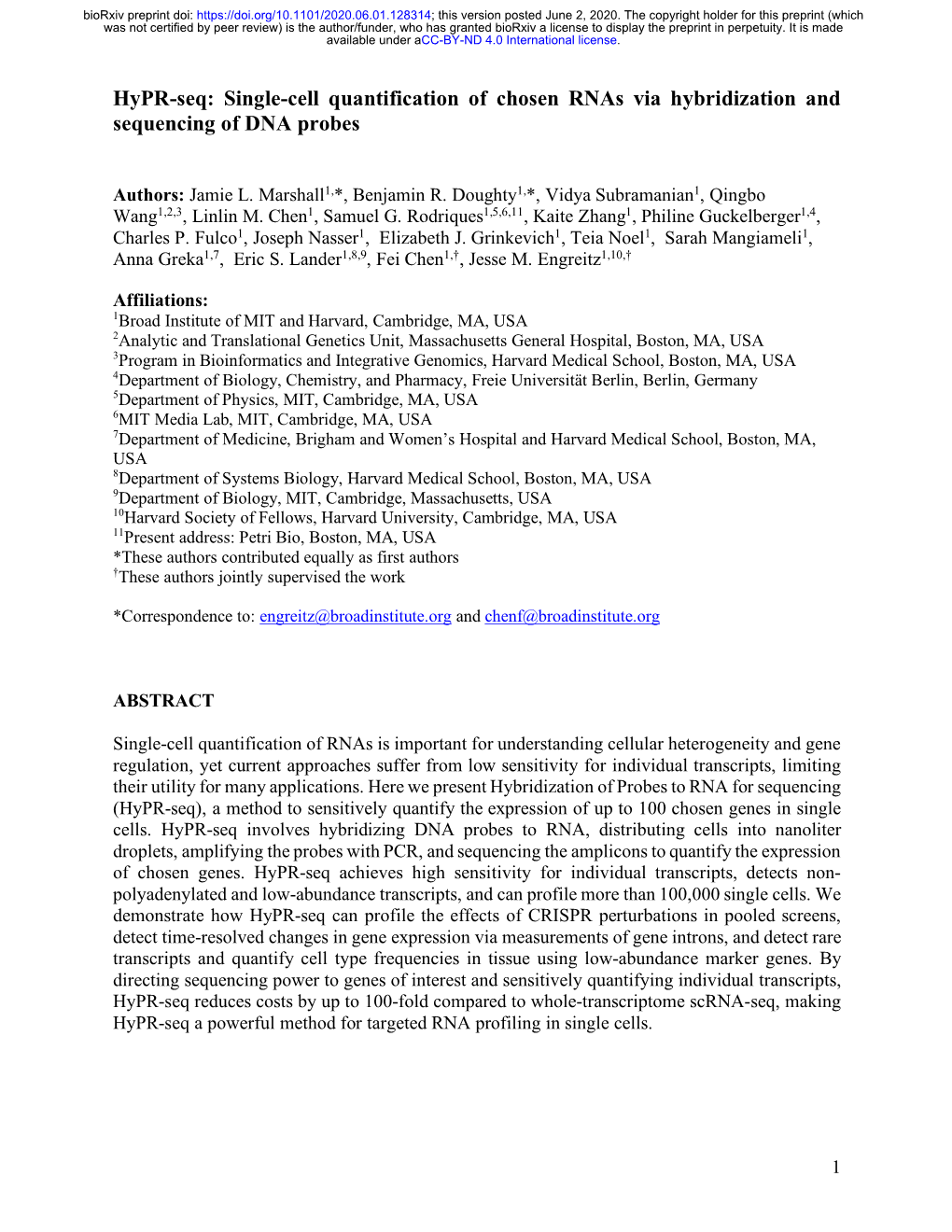 Hypr-Seq: Single-Cell Quantification of Chosen Rnas Via Hybridization and Sequencing of DNA Probes