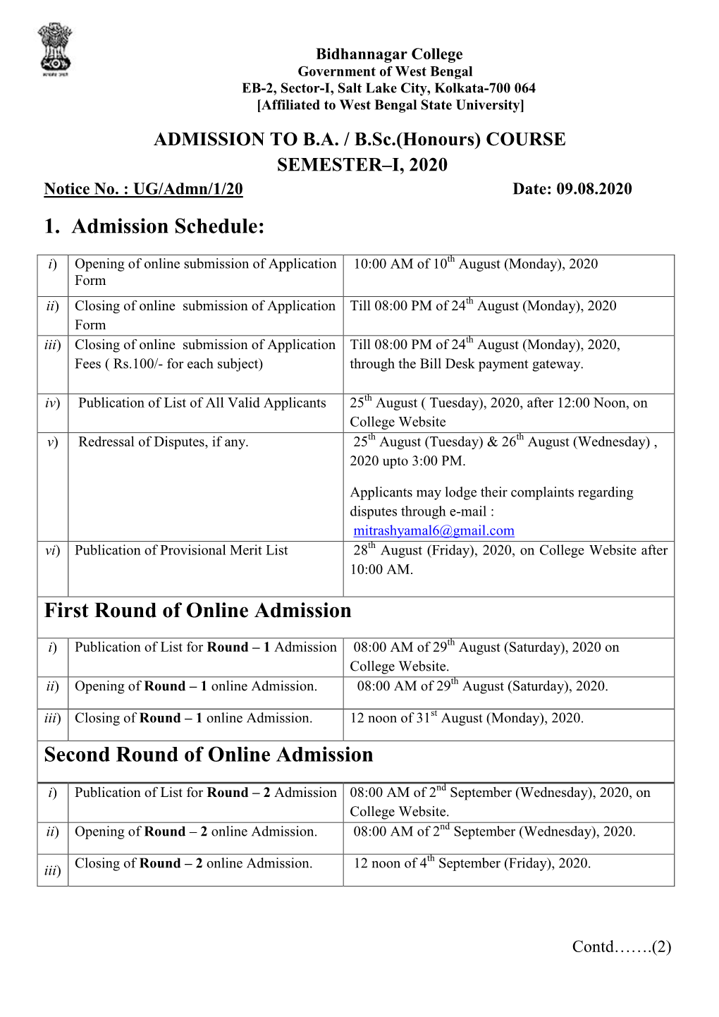 Honours) COURSE SEMESTER–I, 2020 Notice No