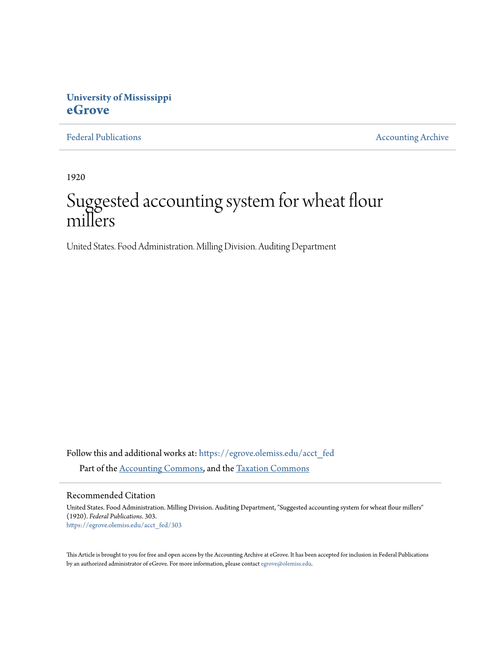 Suggested Accounting System for Wheat Flour Millers United States