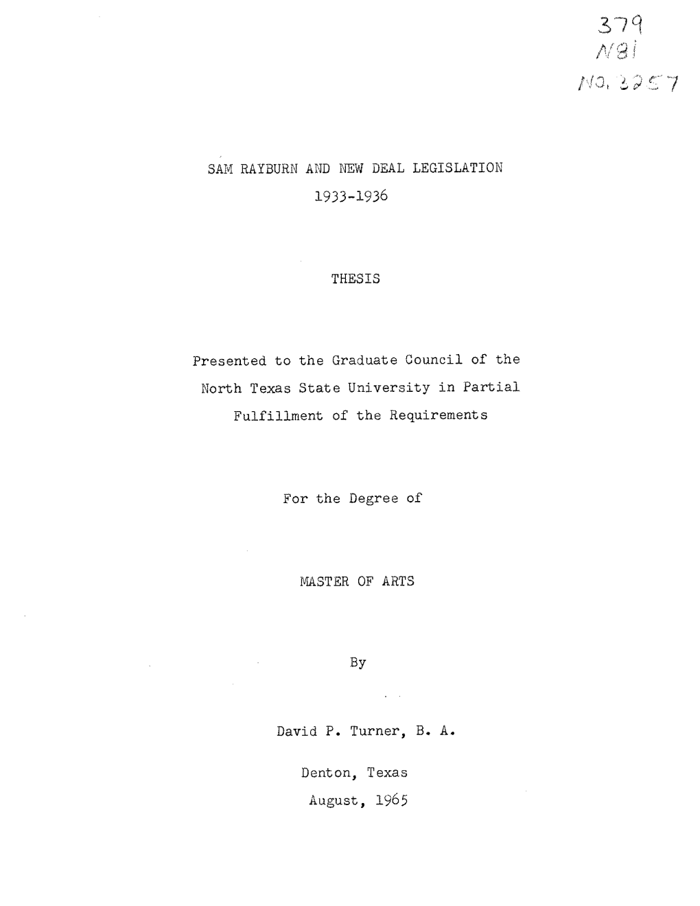 Sam Rayburn and New Deal Legislation 1933-1936 Thesis