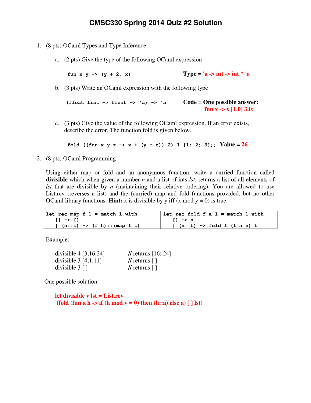 CMSC330 Spring 2014 Quiz #2 Solution