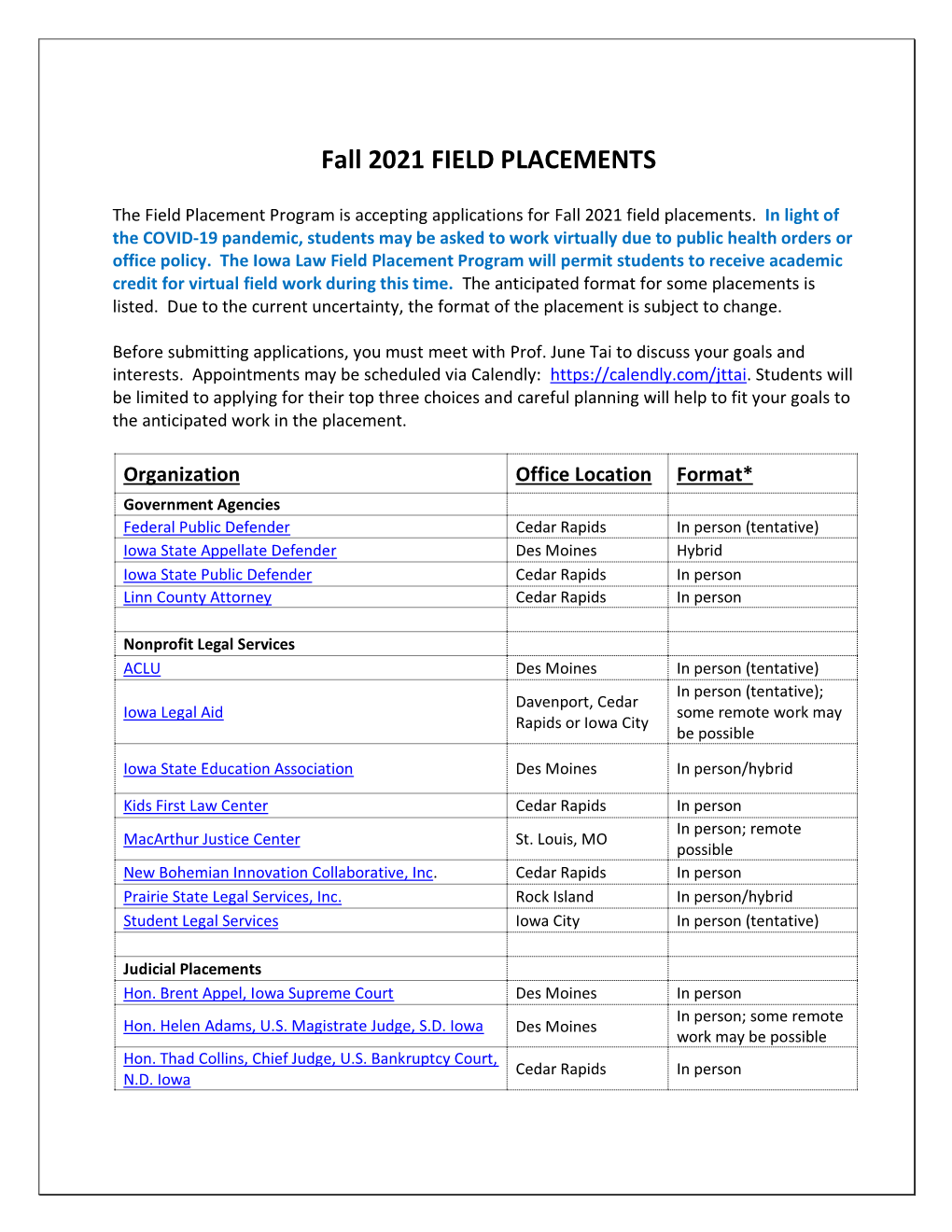 Fall 2021 FIELD PLACEMENTS