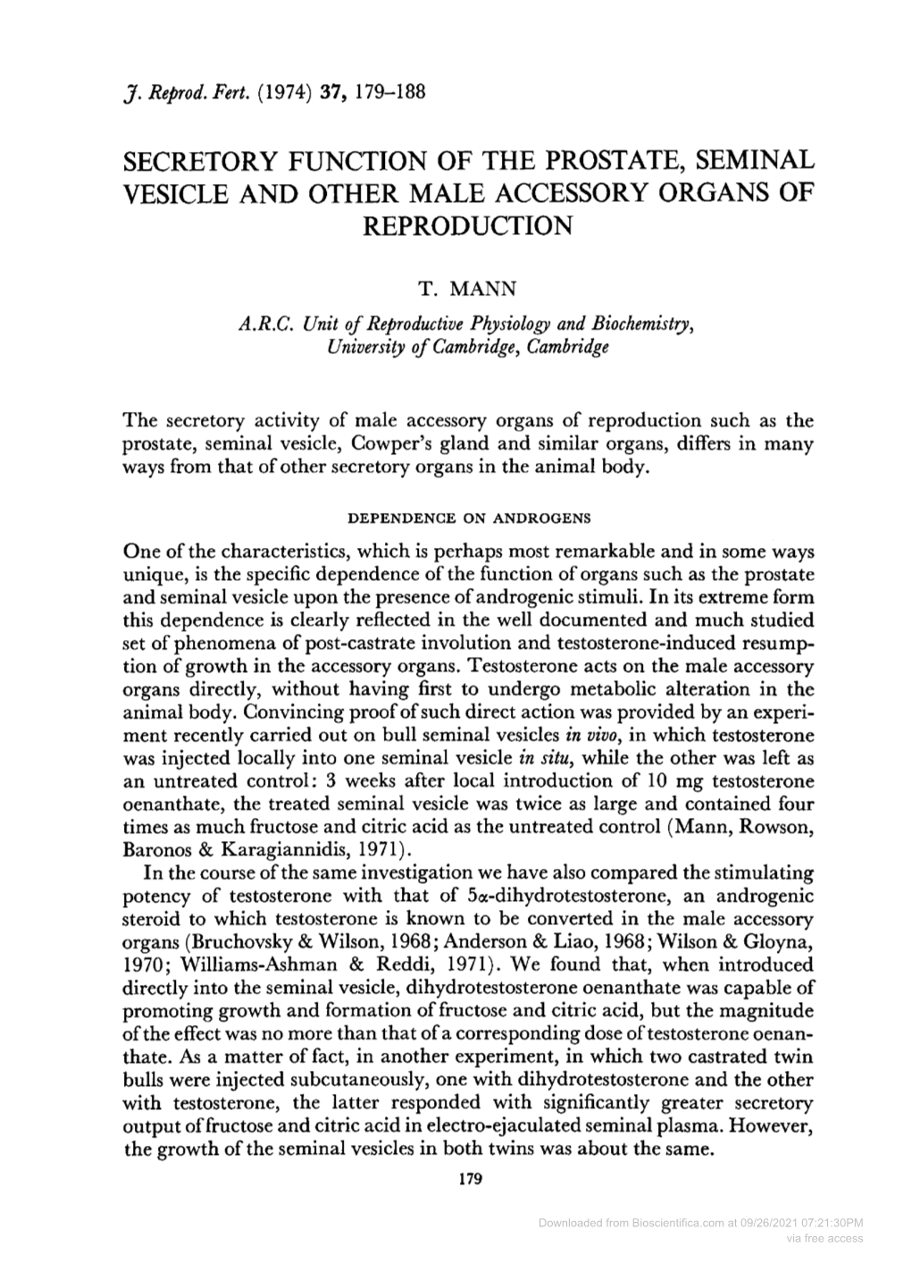 Secretory Function of the Prostate, Seminal Vesicle and Other Male Accessory Organs of Reproduction