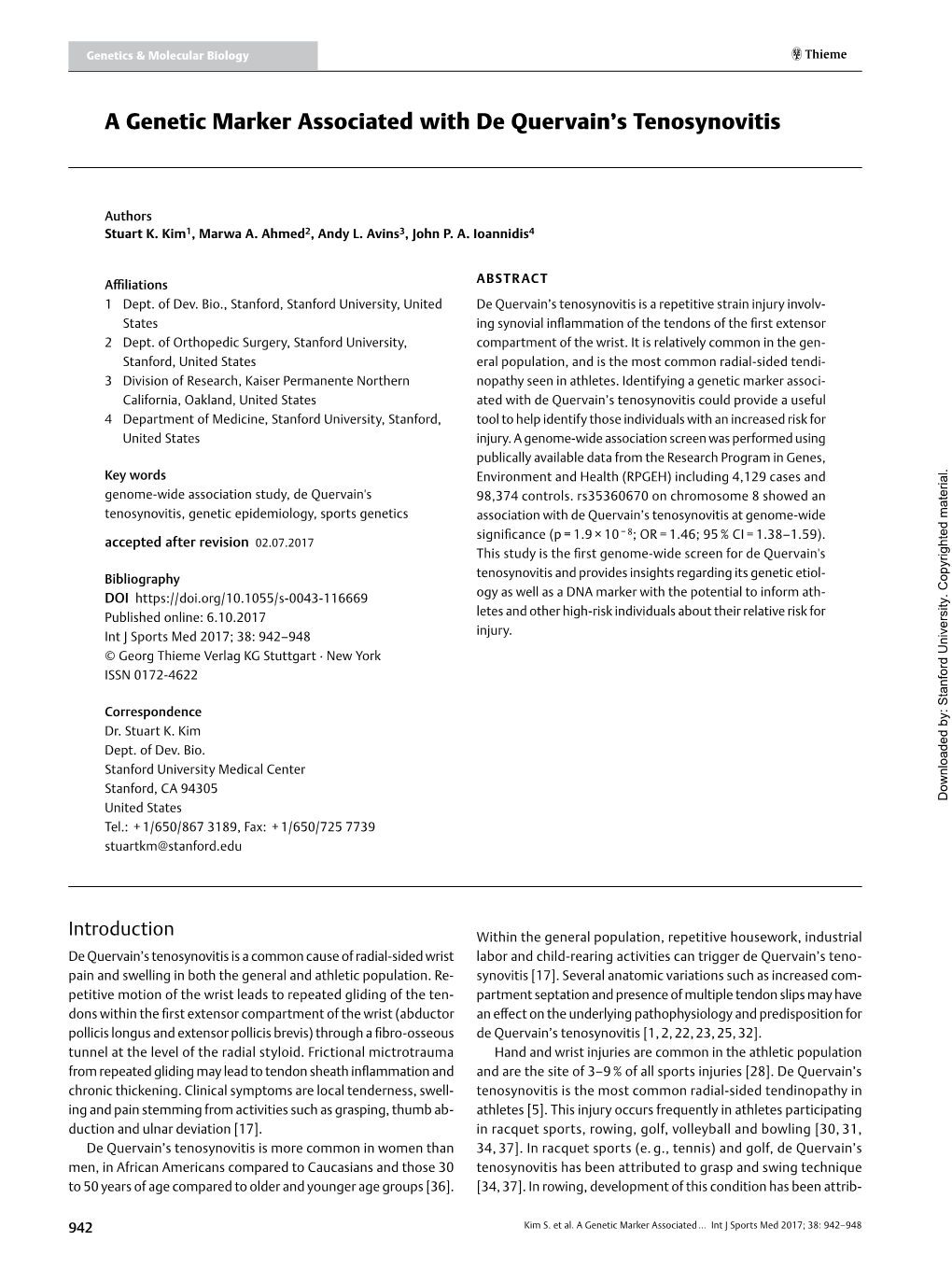 A Genetic Marker Associated with De Quervain's Tenosynovitis