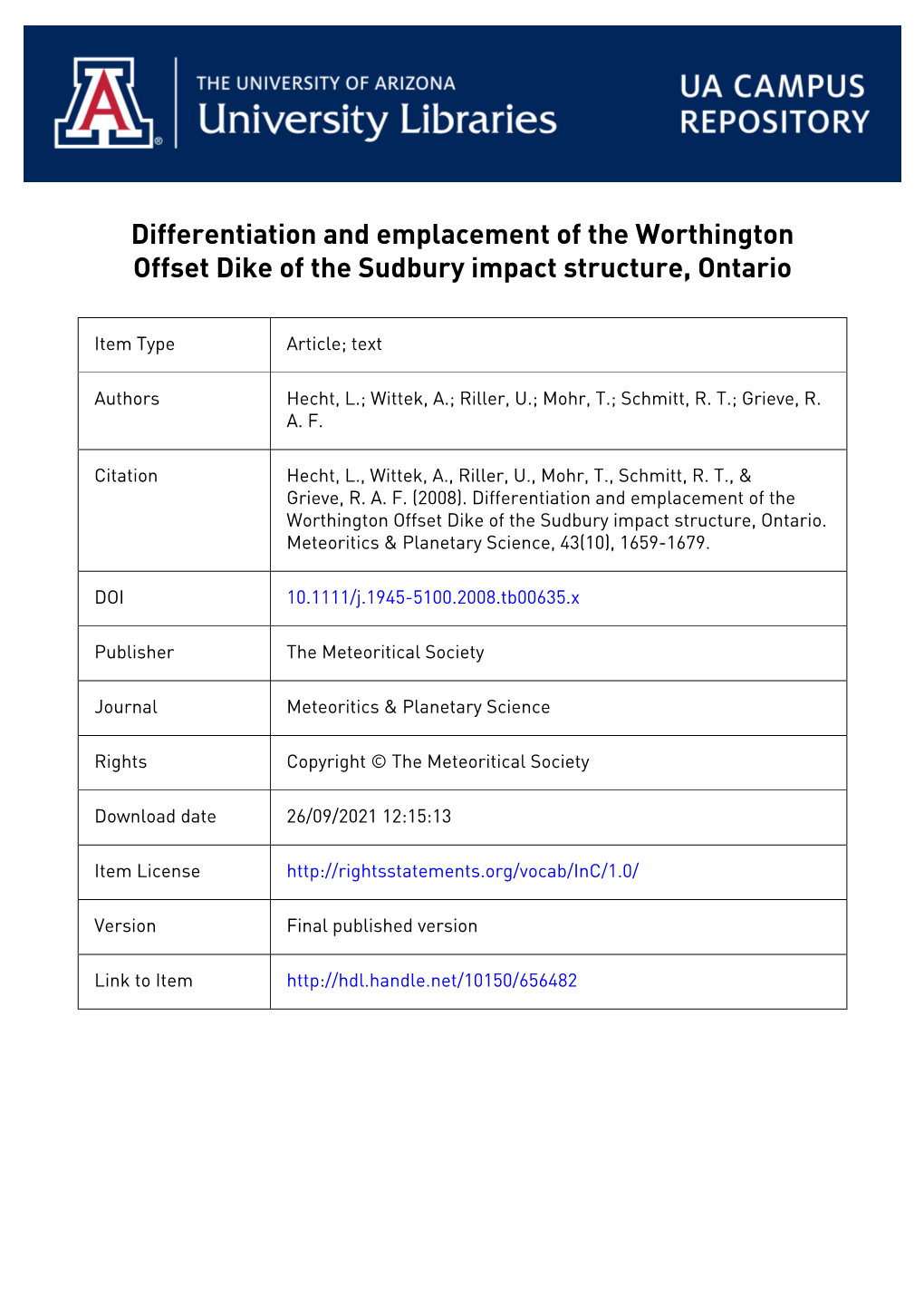 Differentiation and Emplacement of the Worthington Offset Dike of the Sudbury Impact Structure, Ontario