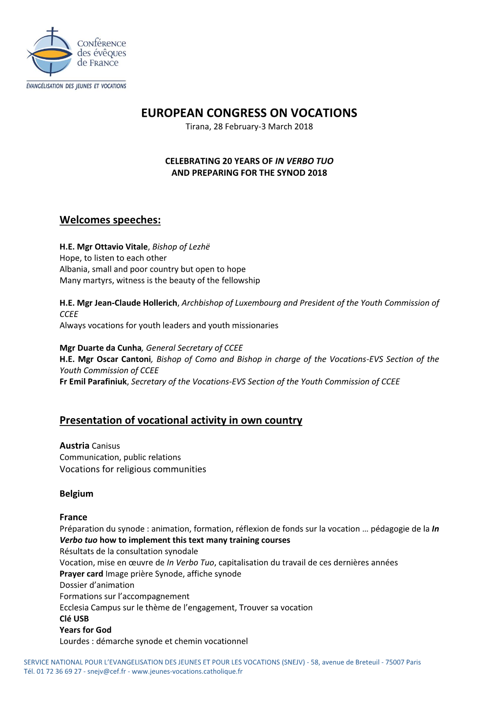EUROPEAN CONGRESS on VOCATIONS Tirana, 28 February-3 March 2018