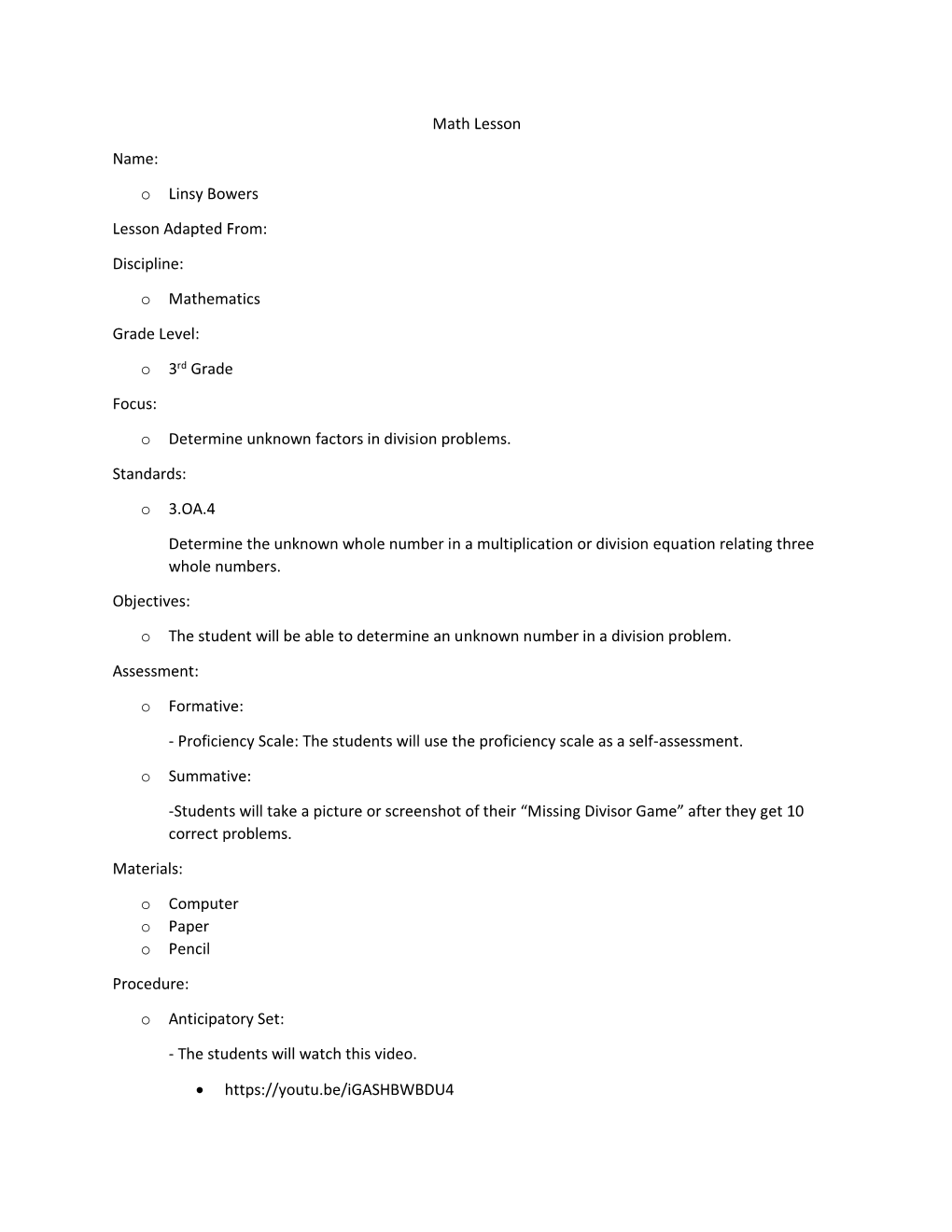 O Linsy Bowers Lesson Adapted From: Discipline