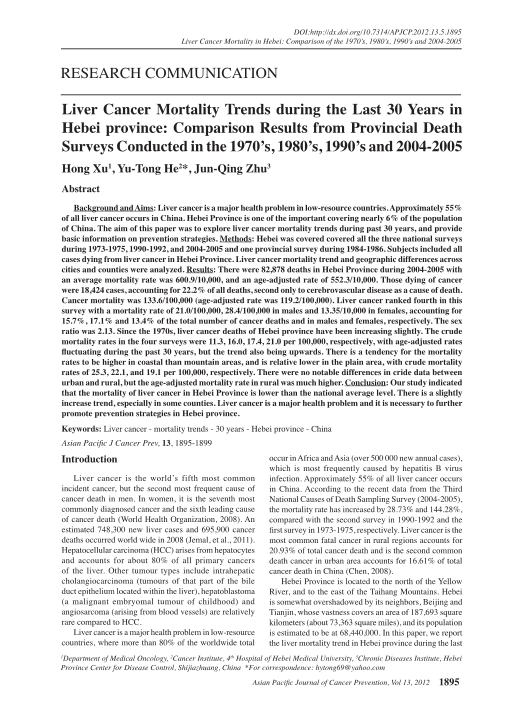 Liver Cancer Mortality Trends During the Last 30 Years in Hebei