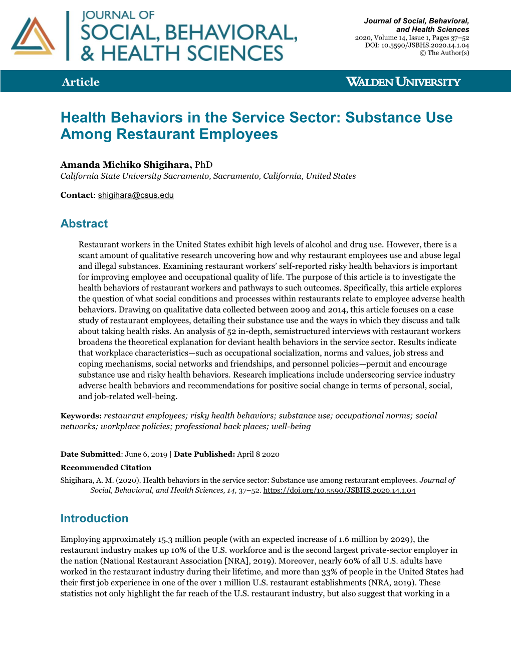 Substance Use Among Restaurant Employees