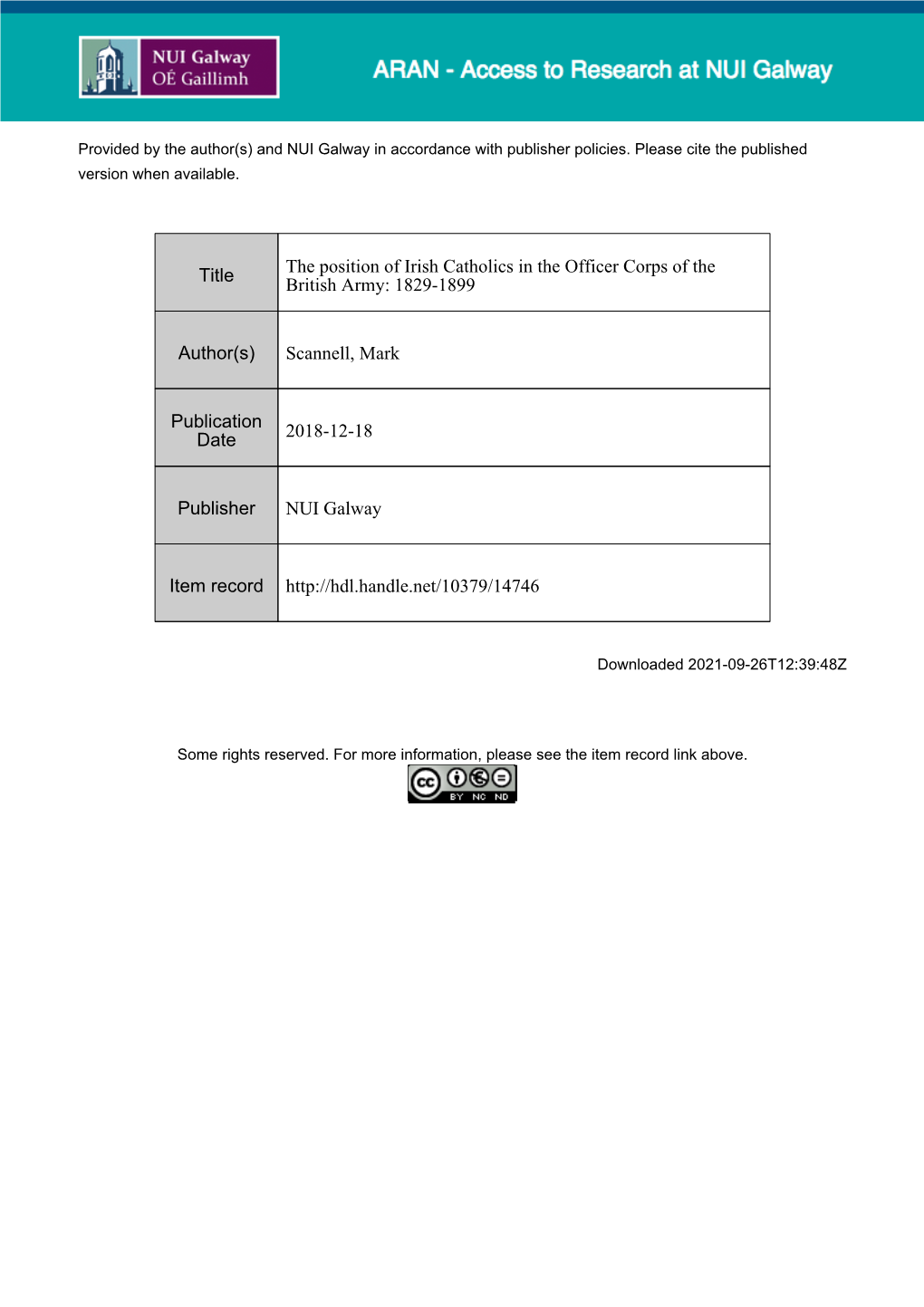 The Position of Irish Catholics Within the Officer Corps of the British Army: 1829-1899