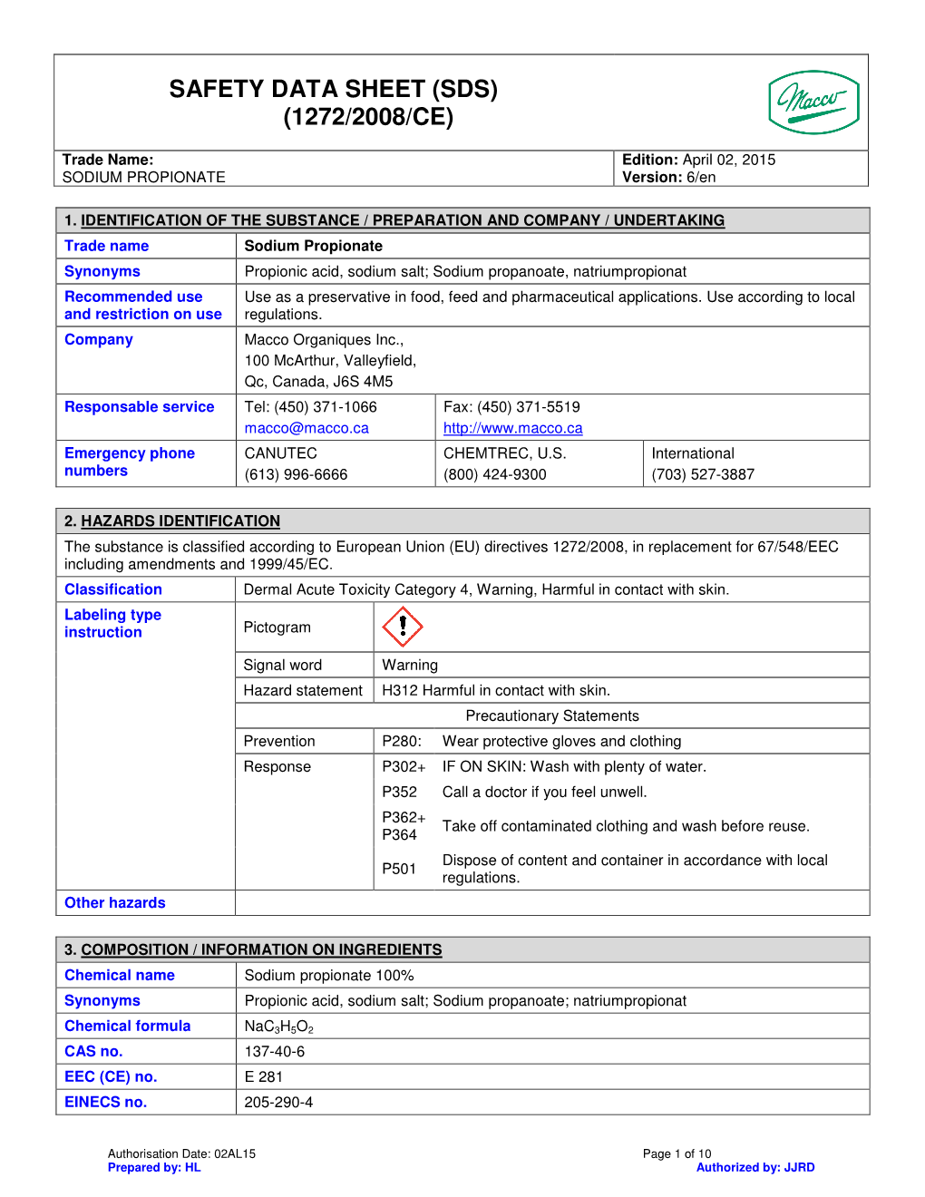 Safety Data Sheet (Sds) (1272/2008/Ce)