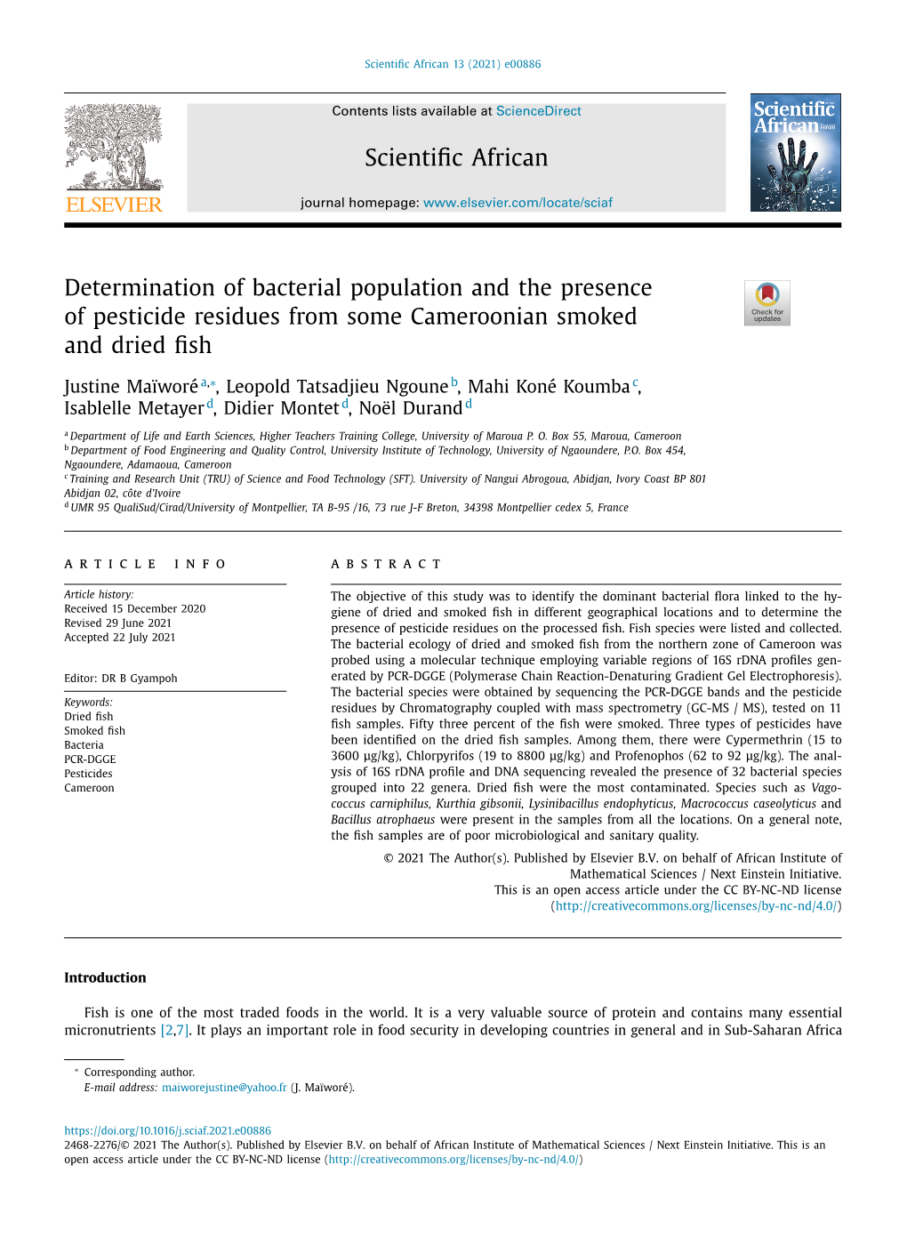 Determination of Bacterial Population and the Presence of Pesticide Residues from Some Cameroonian Smoked and Dried ﬁsh