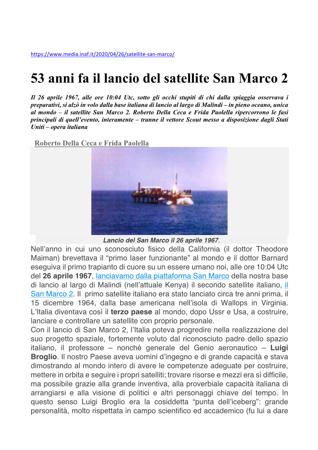 53 Anni Fa Il Lancio Del Satellite San Marco 2