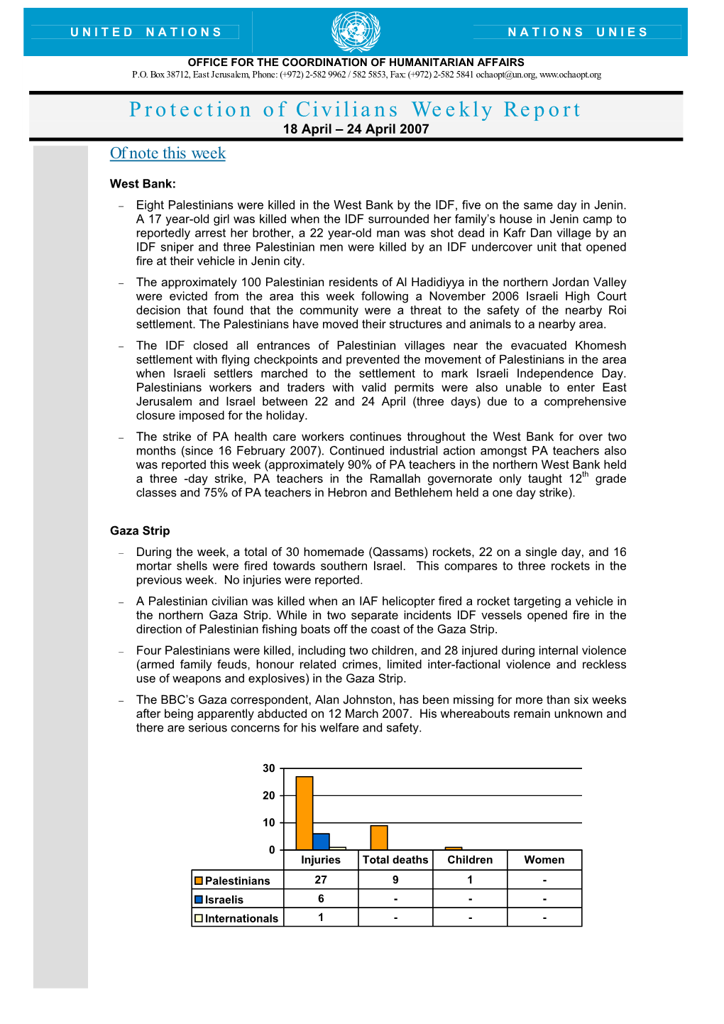Protection of Civilians Weekly Report 18 April – 24 April 2007 of Note This Week