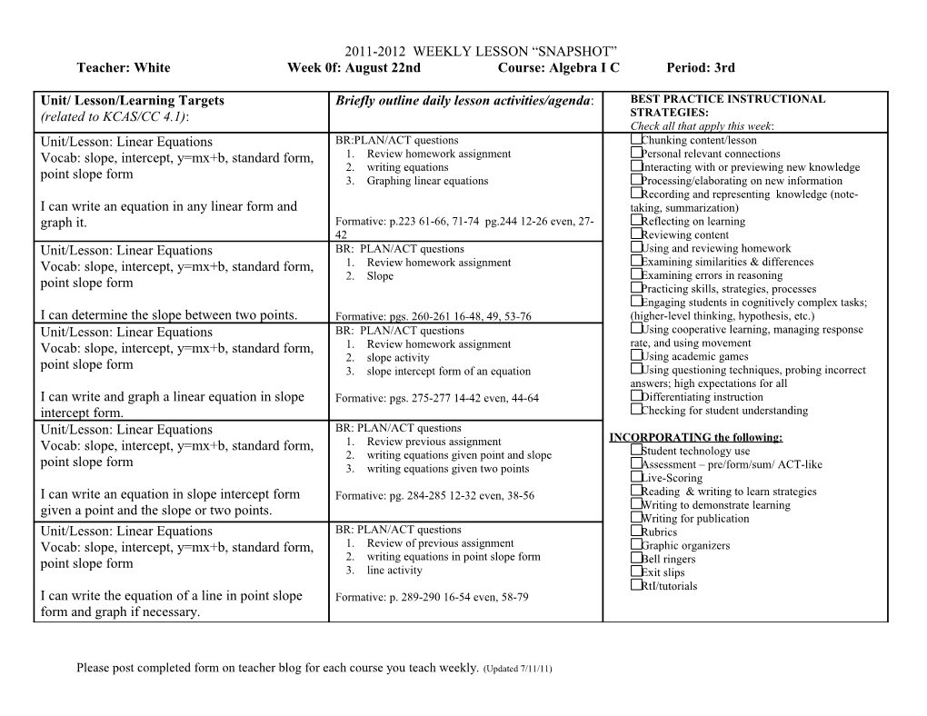 2011-2012 Weekly Lesson Snapshot