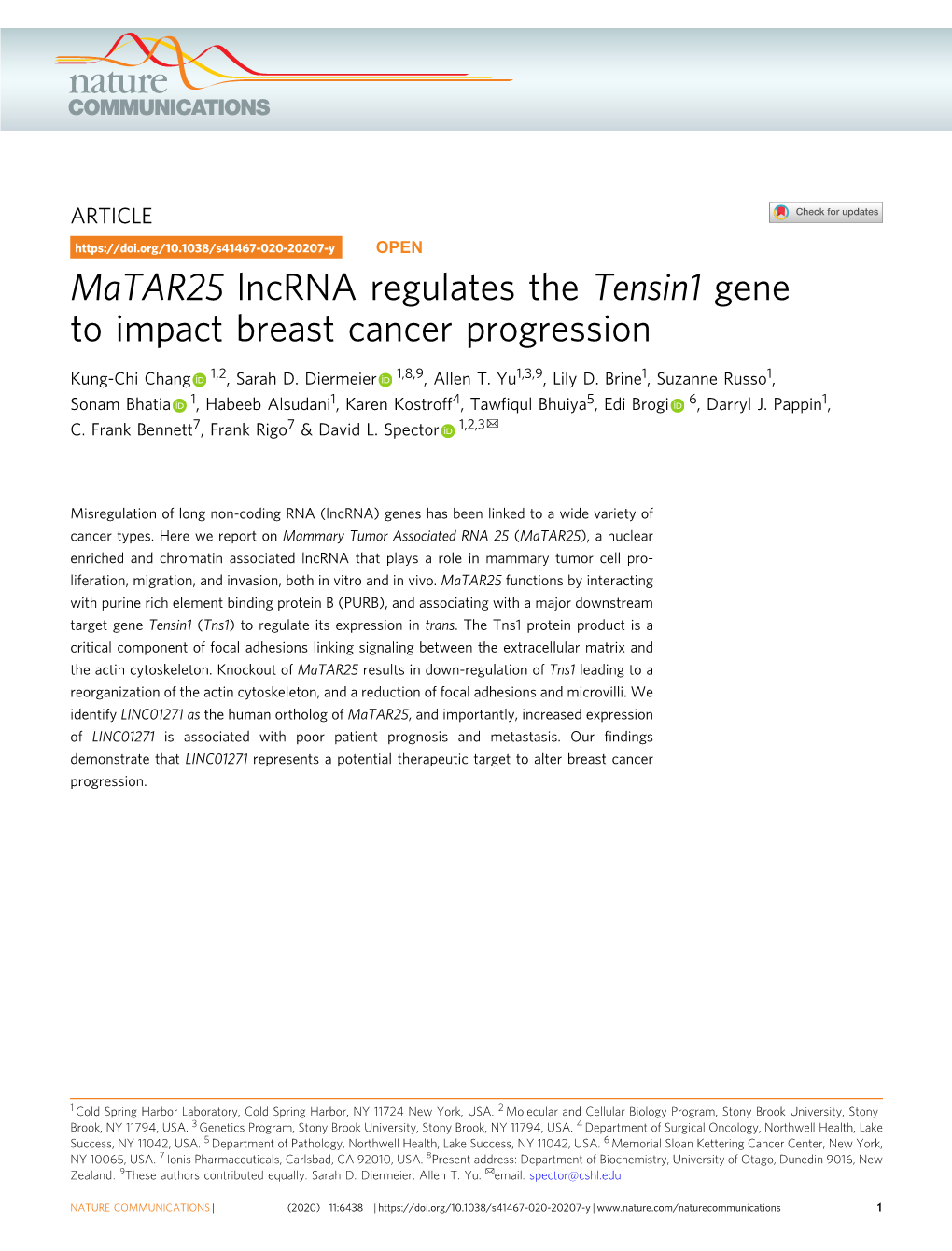 Matar25 Lncrna Regulates the Tensin1 Gene to Impact Breast Cancer Progression