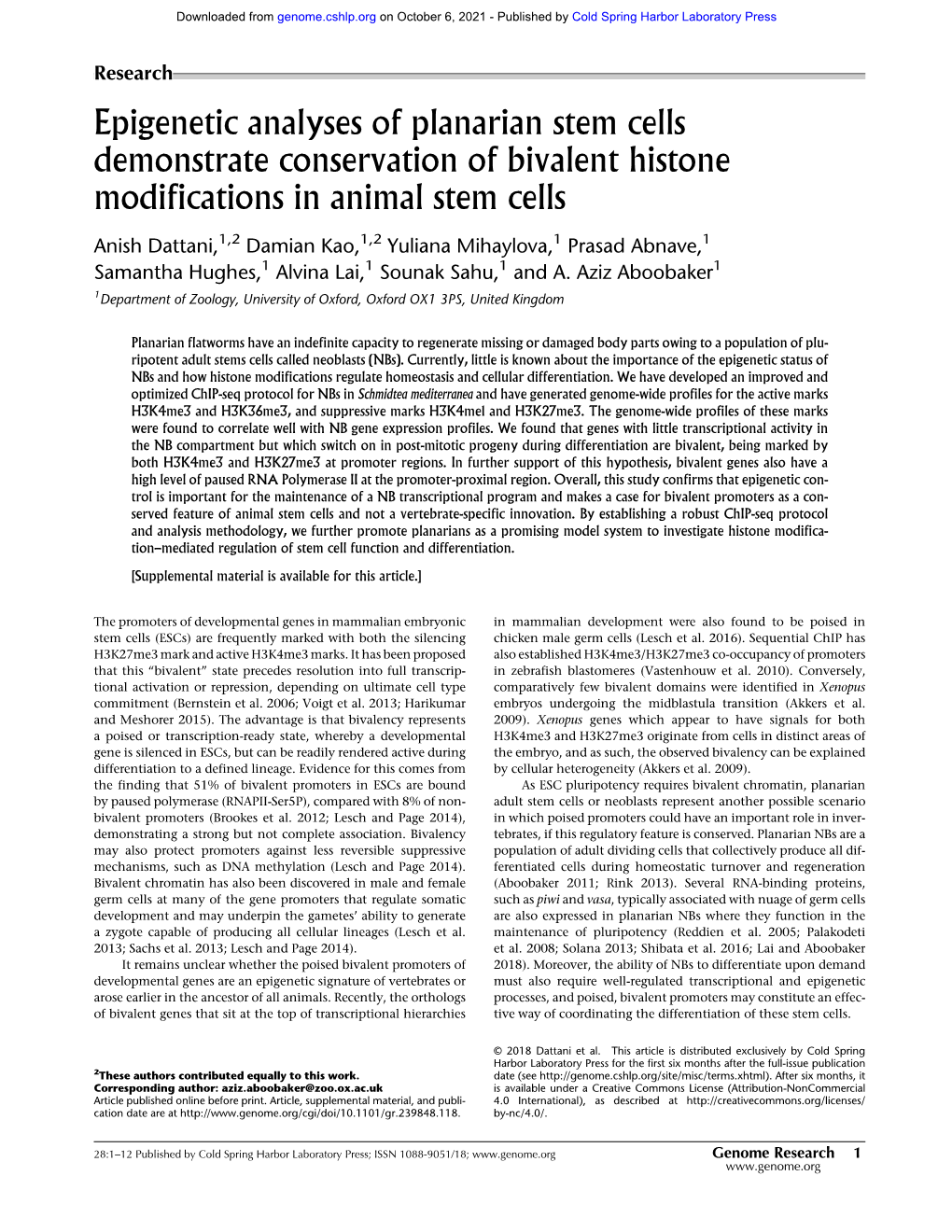 Epigenetic Analyses of Planarian Stem Cells Demonstrate Conservation of Bivalent Histone Modifications in Animal Stem Cells