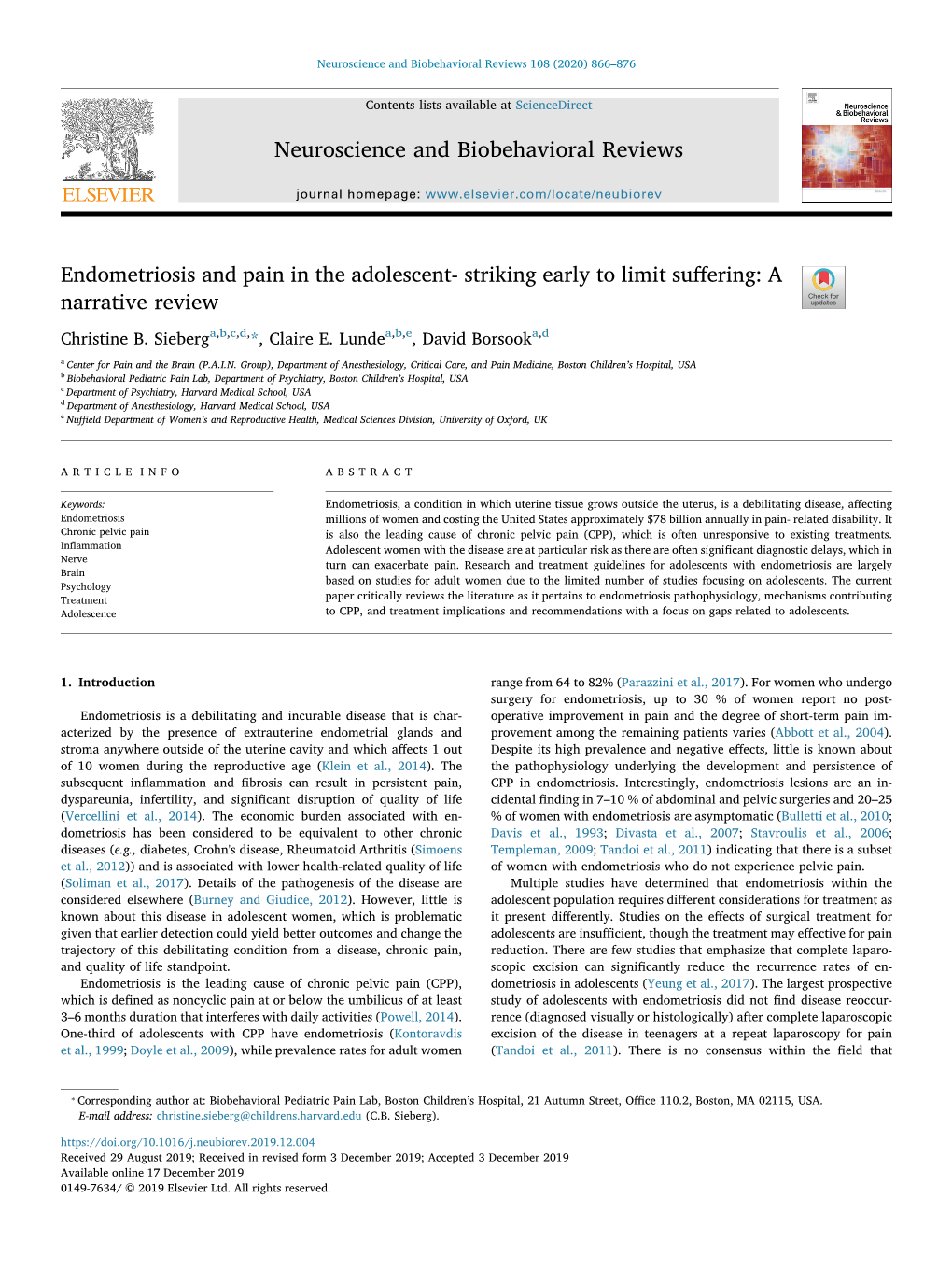 Endometriosis and Pain in the Adolescent- Striking Early to Limit Suﬀering: a Narrative Review T