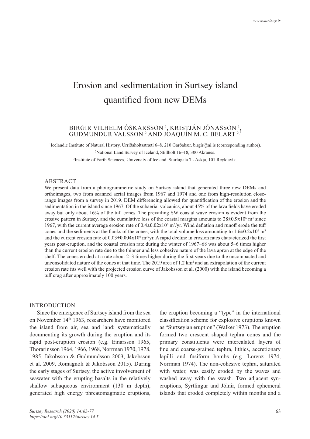 Erosion and Sedimentation in Surtsey Island Quantified from New Dems