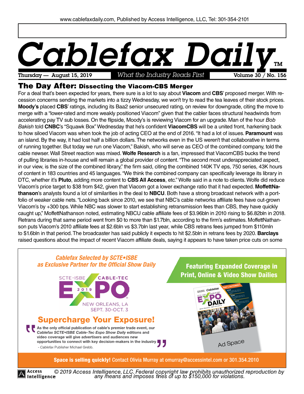 Cablefax Dailytm Thursday — August 15, 2019 What the Industry Reads First Volume 30 / No