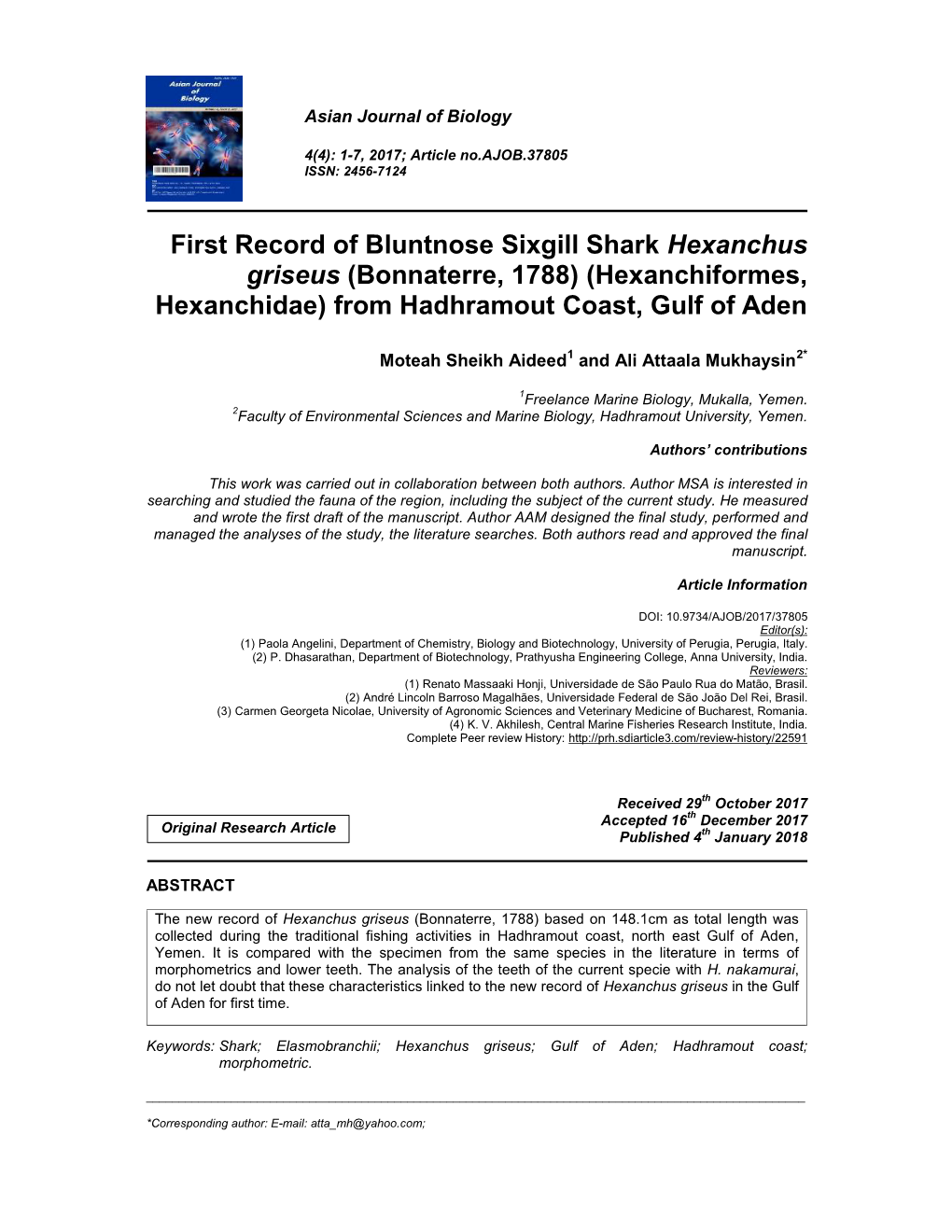 First Record of Bluntnose Sixgill Shark Hexanchus Griseus (Bonnaterre, 1788) (Hexanchiformes, Hexanchidae) from Hadhramout Coast, Gulf of Aden