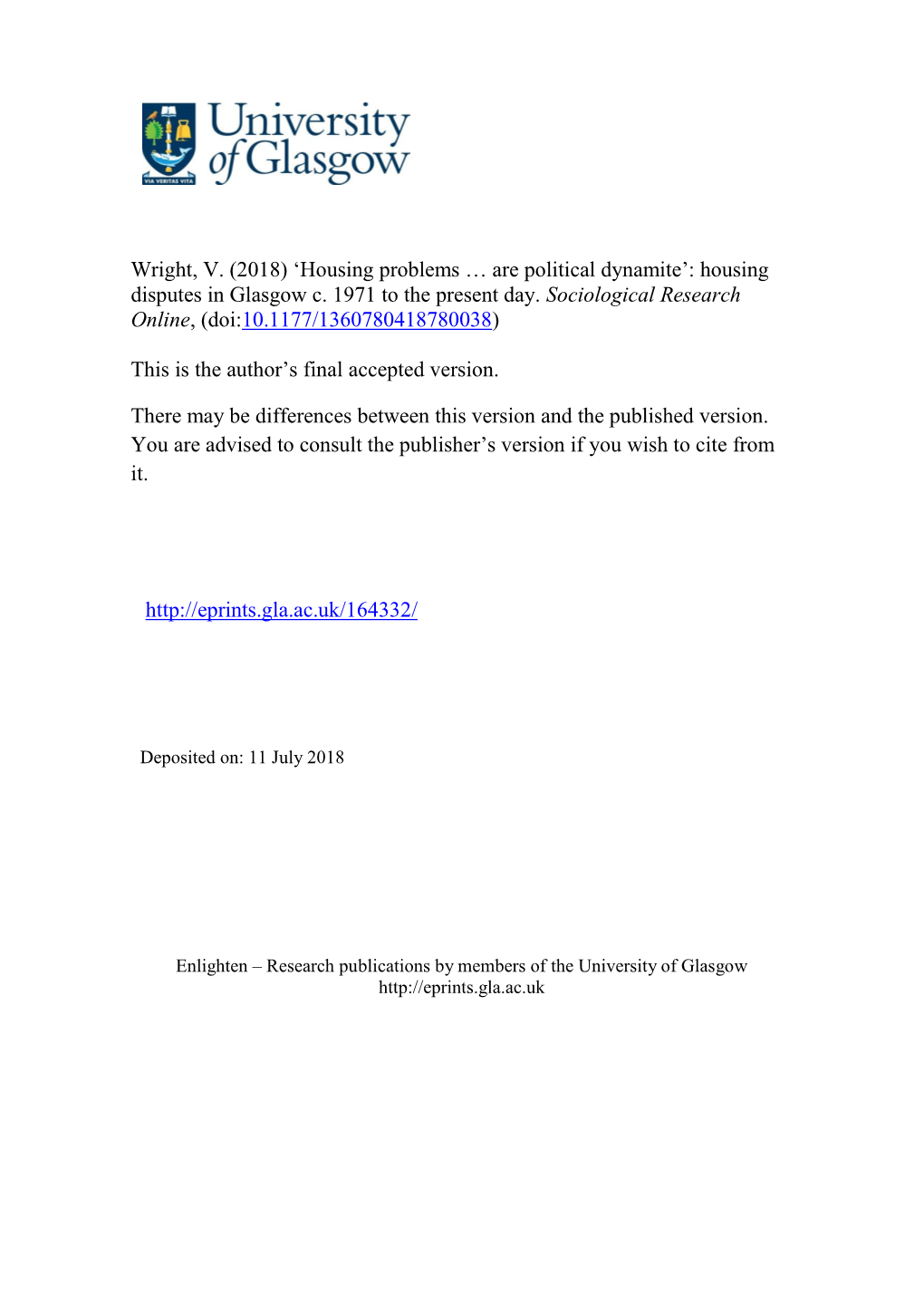 Wright, V. (2018) 'Housing Problems … Are Political Dynamite'