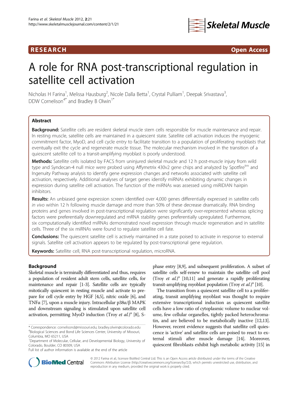 A Role for RNA Post-Transcriptional Regulation in Satellite Cell Activation
